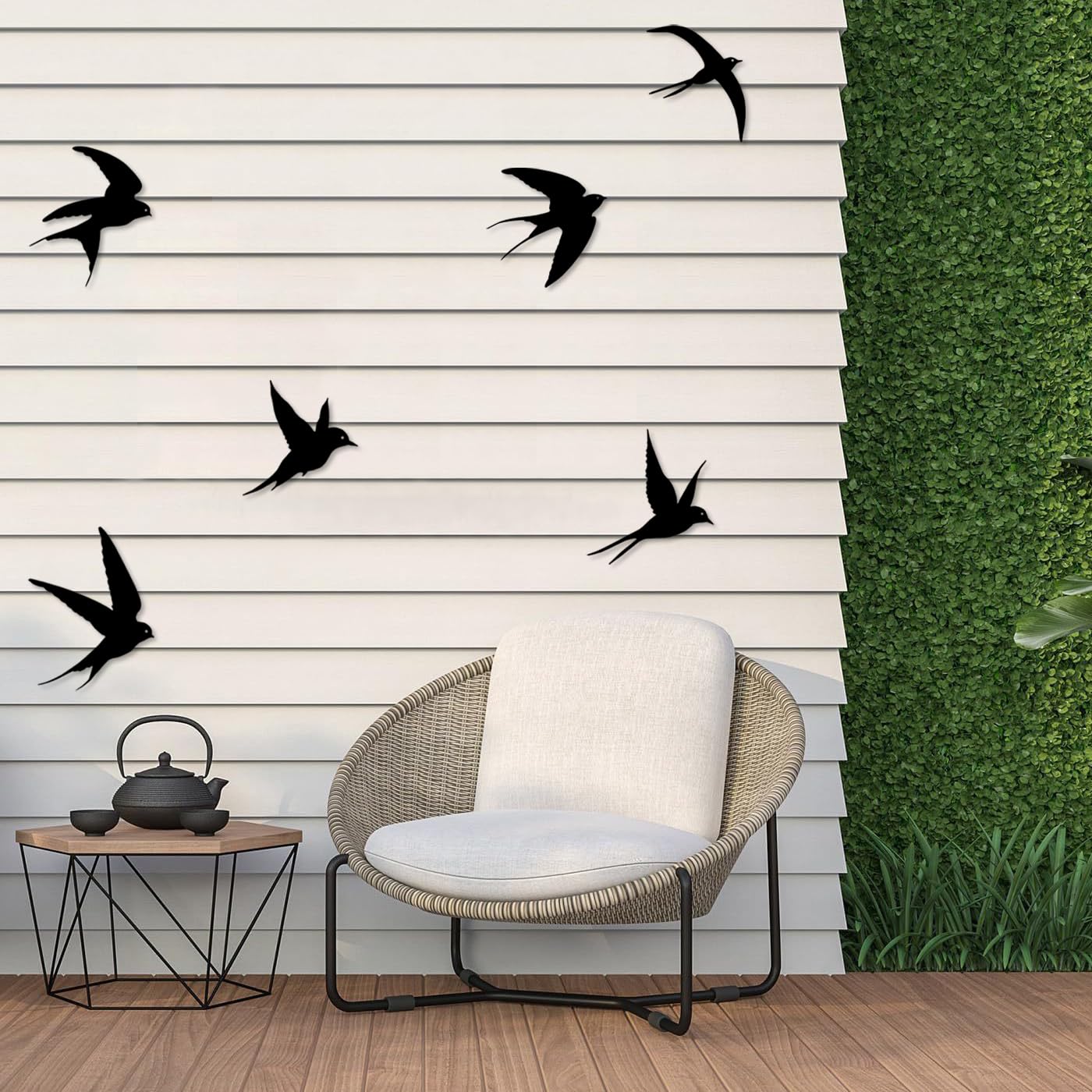 6pcs Pájaros Negros Arte de Pared de Metal Decoración Golondrina Metal Colgante Exterior Pájaro Decorativo Escultura de Pared para Casa Patio Salón Baño Jardín