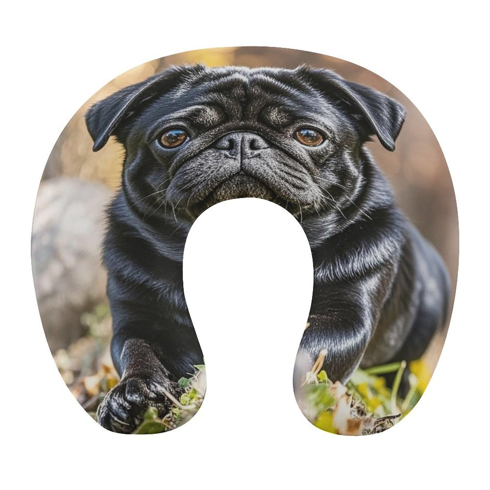 FekiLoot Cute Black Pug Dog Travel Pillow U Shaped Neck Pillow Comfortable Memory Foam Pillow Portable Soft Headrest Lightweight Neck and Head Support for Planes Trains Self-Driving Cars