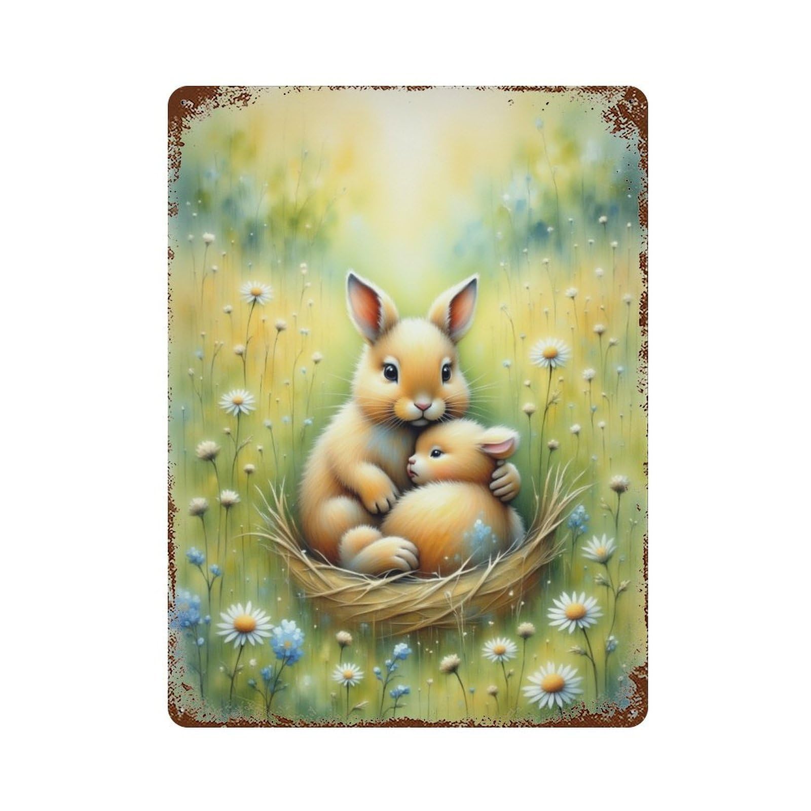 Vintage Rust Metal Sign with Bunny Family in Nest Design 15.7"x11.8", for Office, Studio And Wall Decor, Farmhouse Wall Decor