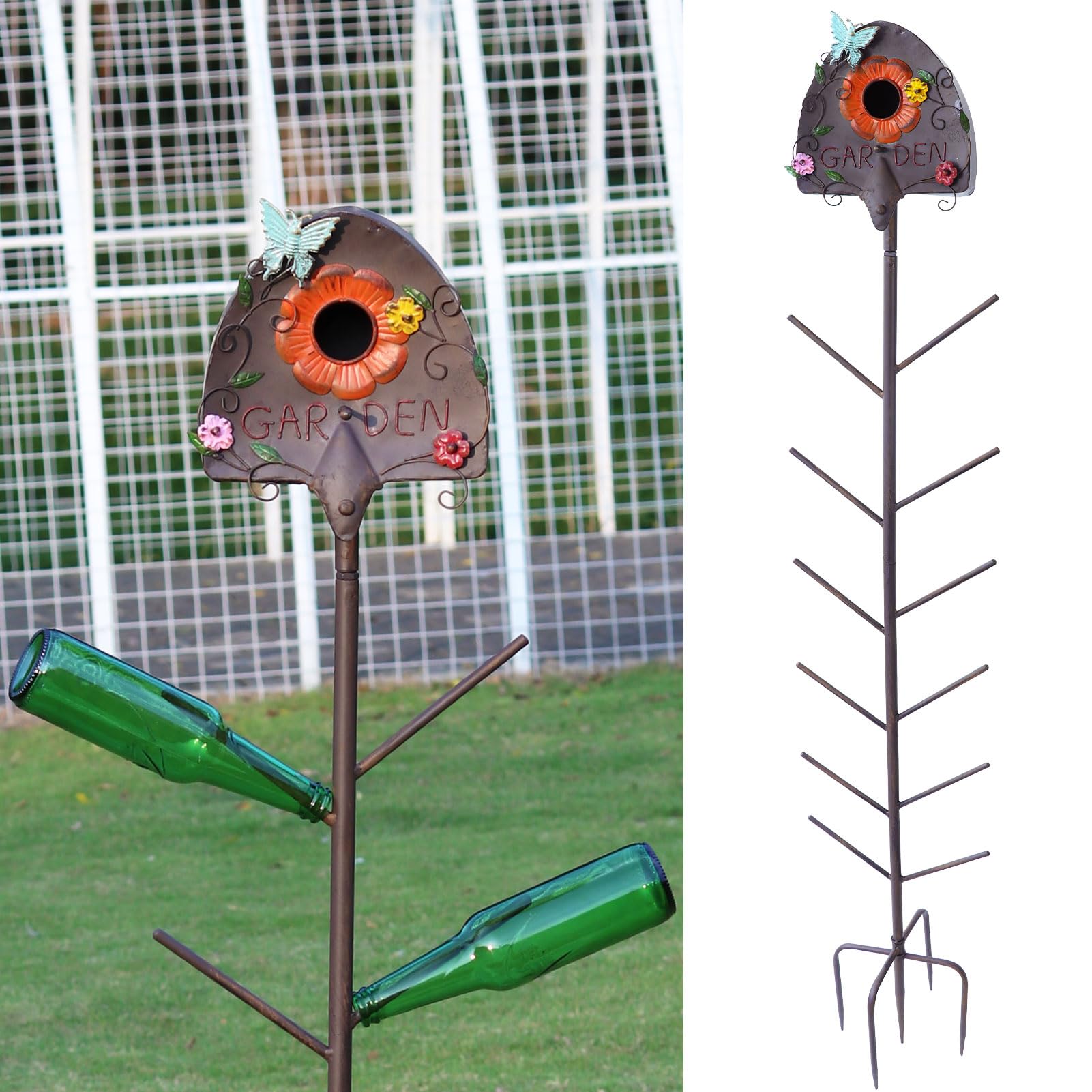 Metal Bird House and Wine Bottle Tree,Bottle Trees for the Garden Outside