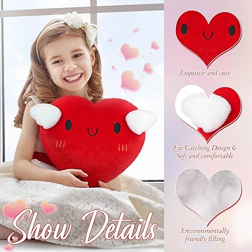 Miniatura 6 de 2 almohadas rojas esponjosas en forma de corazón con alas de ángel de 13.8 pulgadas en forma de corazón, almohada decorativa abrazable para niñas y