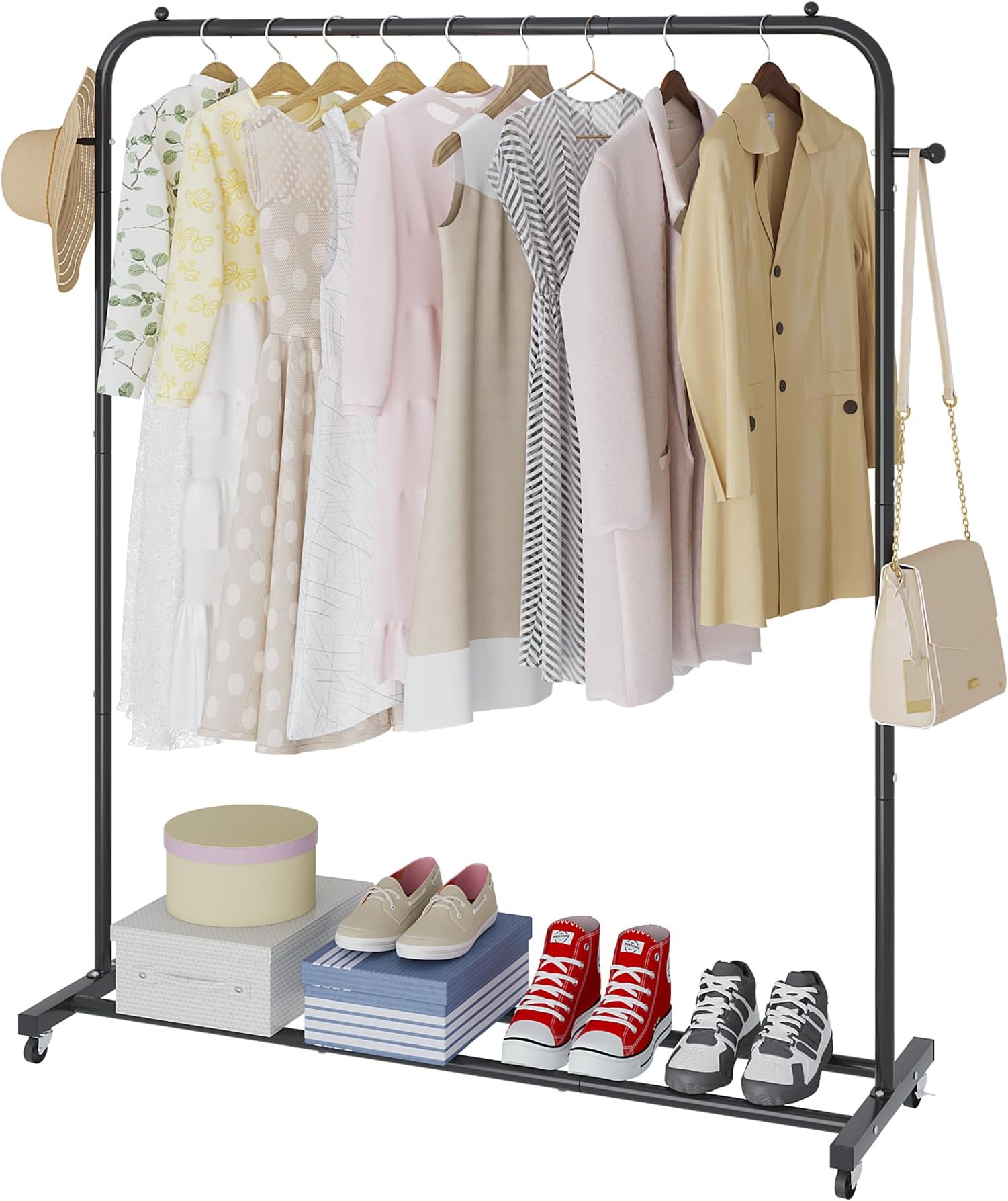 Boeeoan Freestanding Simple Single Pole Clothes Rack With Wheels, Black