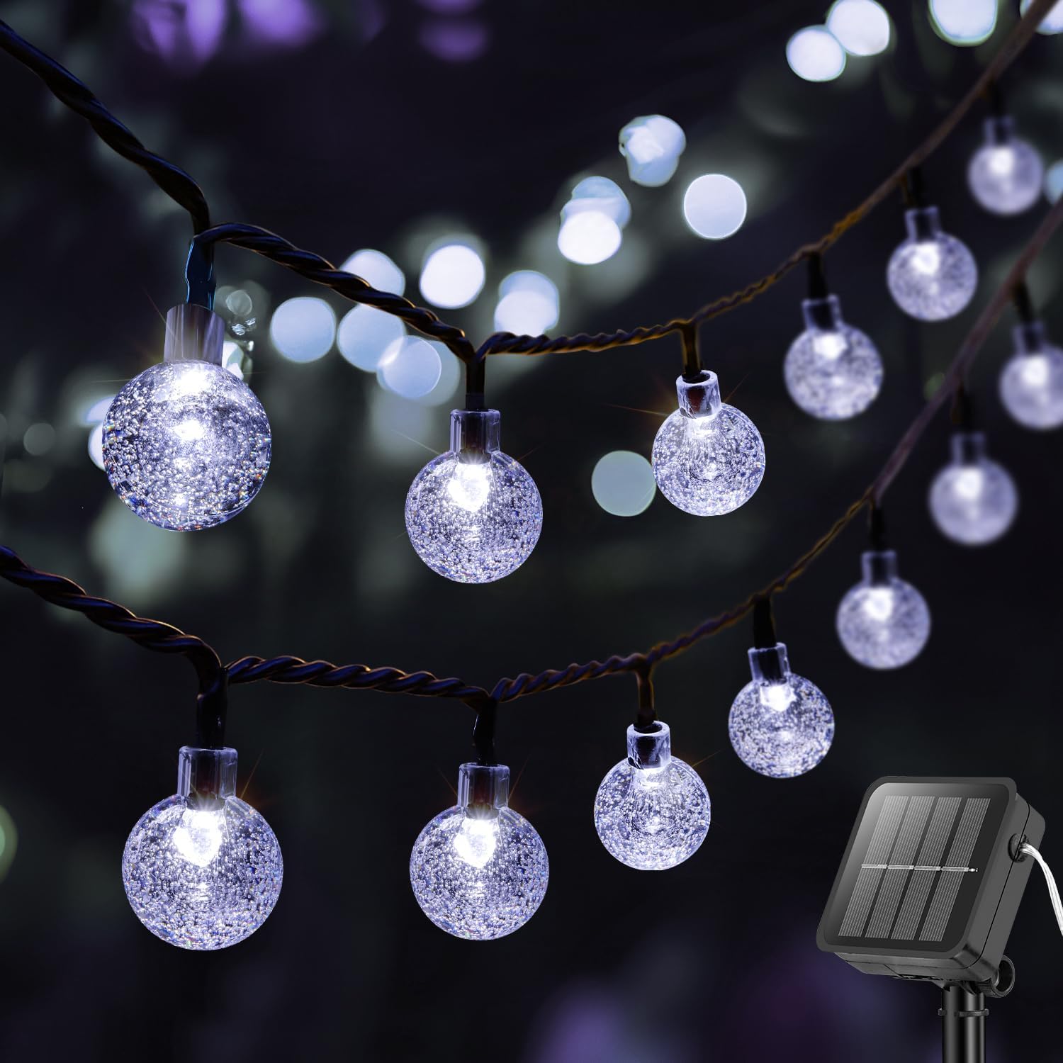 Metaku Solar String Lights for Outside, 20FT 30 LED Crystal Globe String Lights, Solar Powered Outdoor Light with 8 Lighting Modes, Patio Hanging Lights for Garden, Camping and Party Décor Cool White Cool White 20 Feet