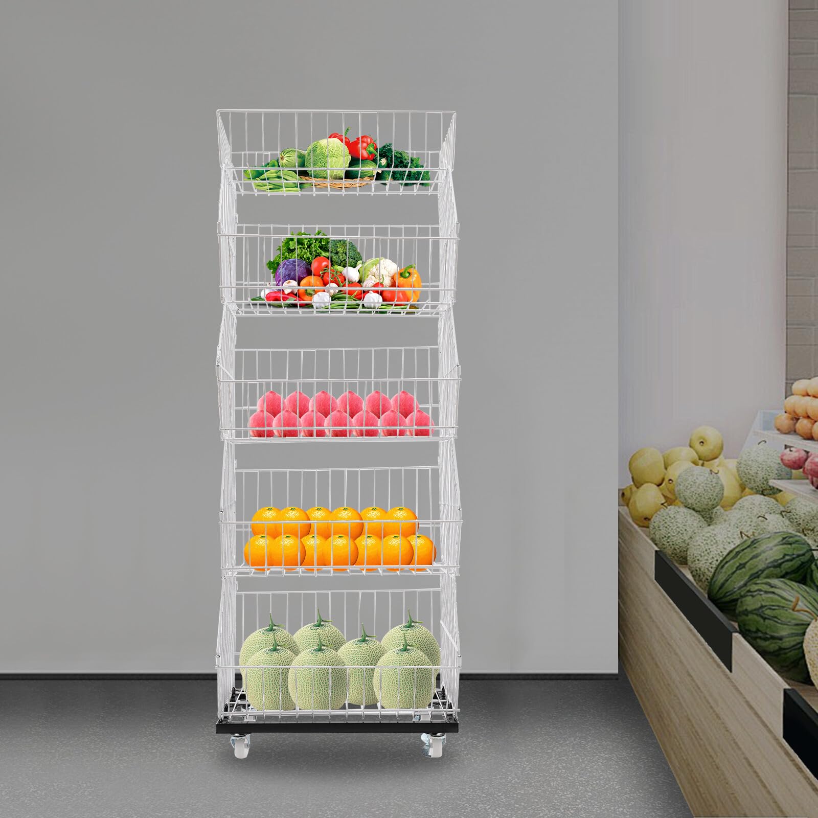 Présentoir à 5 étages en métal sur roulettes, rangement polyvalent pour fruits, légumes, maisons, bureaux, bibliothèques, 48 x 45 x 140 cm, finition blanche, durable et fonctionnel