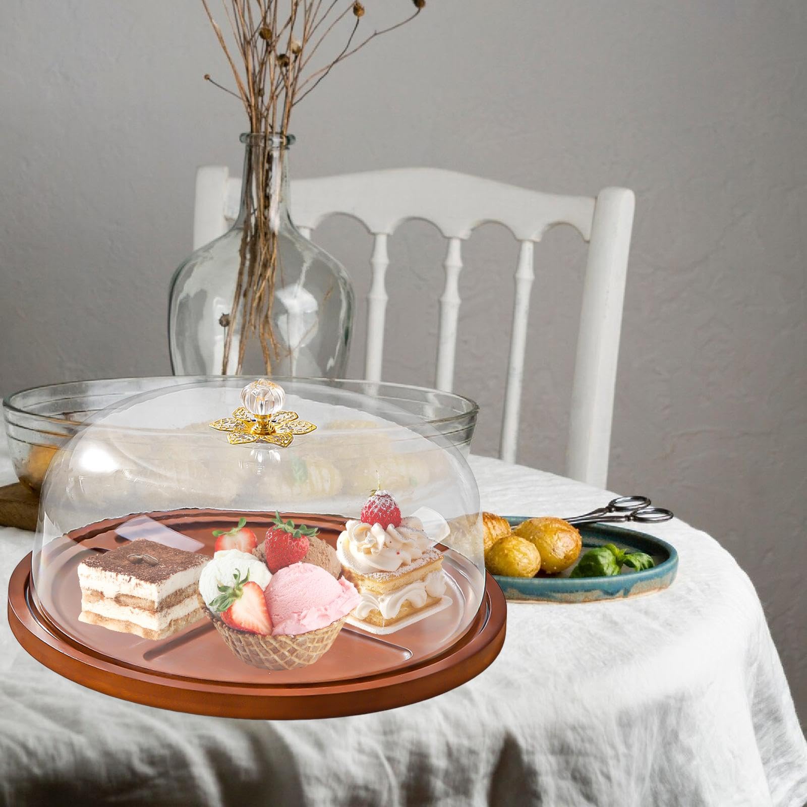 Présentoir à Gâteau avec Couverceau de Présentation à Pâtisserie Plat de Service à Dessert Cloche Transparente Bois TPE Adapté Table de, Rond 30x16cm