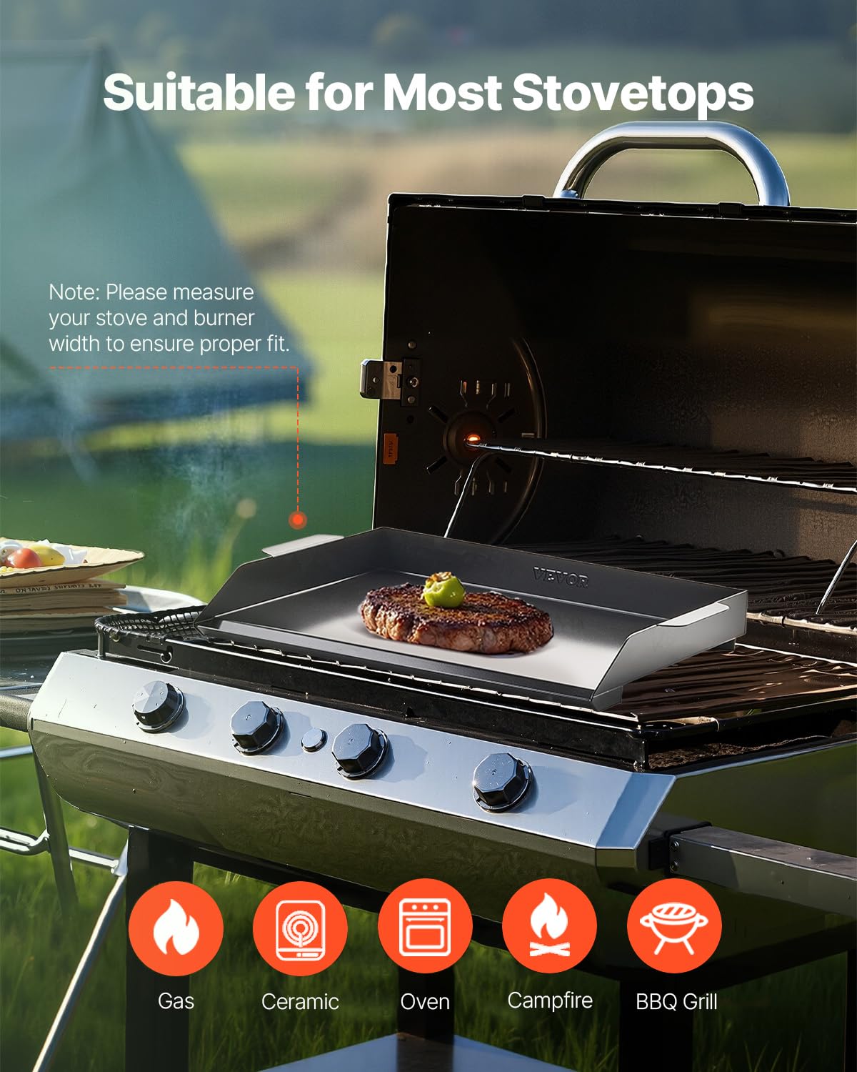 VEVOR 502 x 370 mm prostokątny uniwersalny grill ze stali węglowej z płaską powierzchnią, żelazko gazowe do grilla, przenośne rodzinne przybory kuchenne z uchwytem, czarny