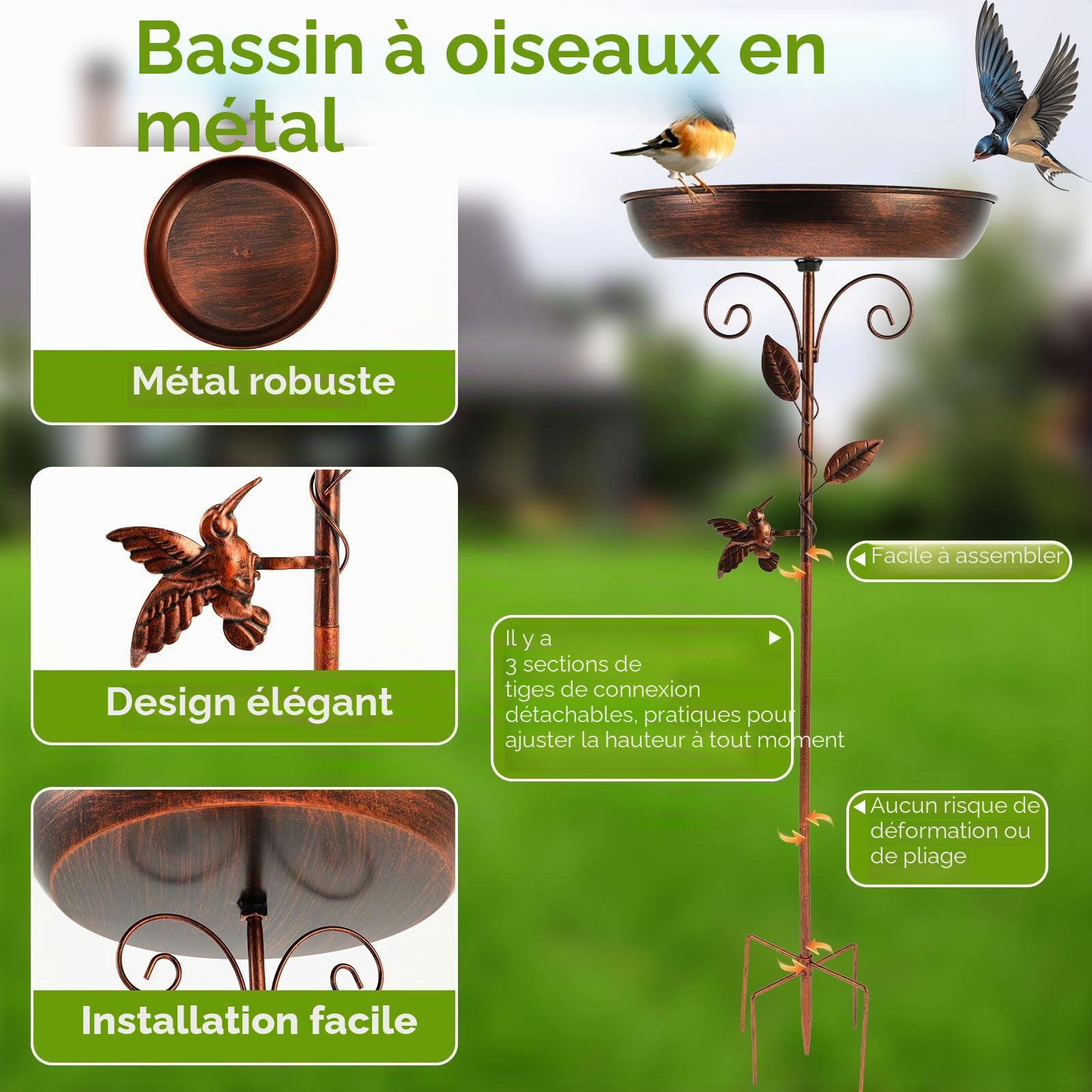 Bain d'oiseaux 2 en 1 avec fontaine solaire - Fontaine solaire pour l'extérieur - Avec 5 effets de pulvérisation - En métal de 30 cm - Pour oiseaux sauvages - Pour l'hiver