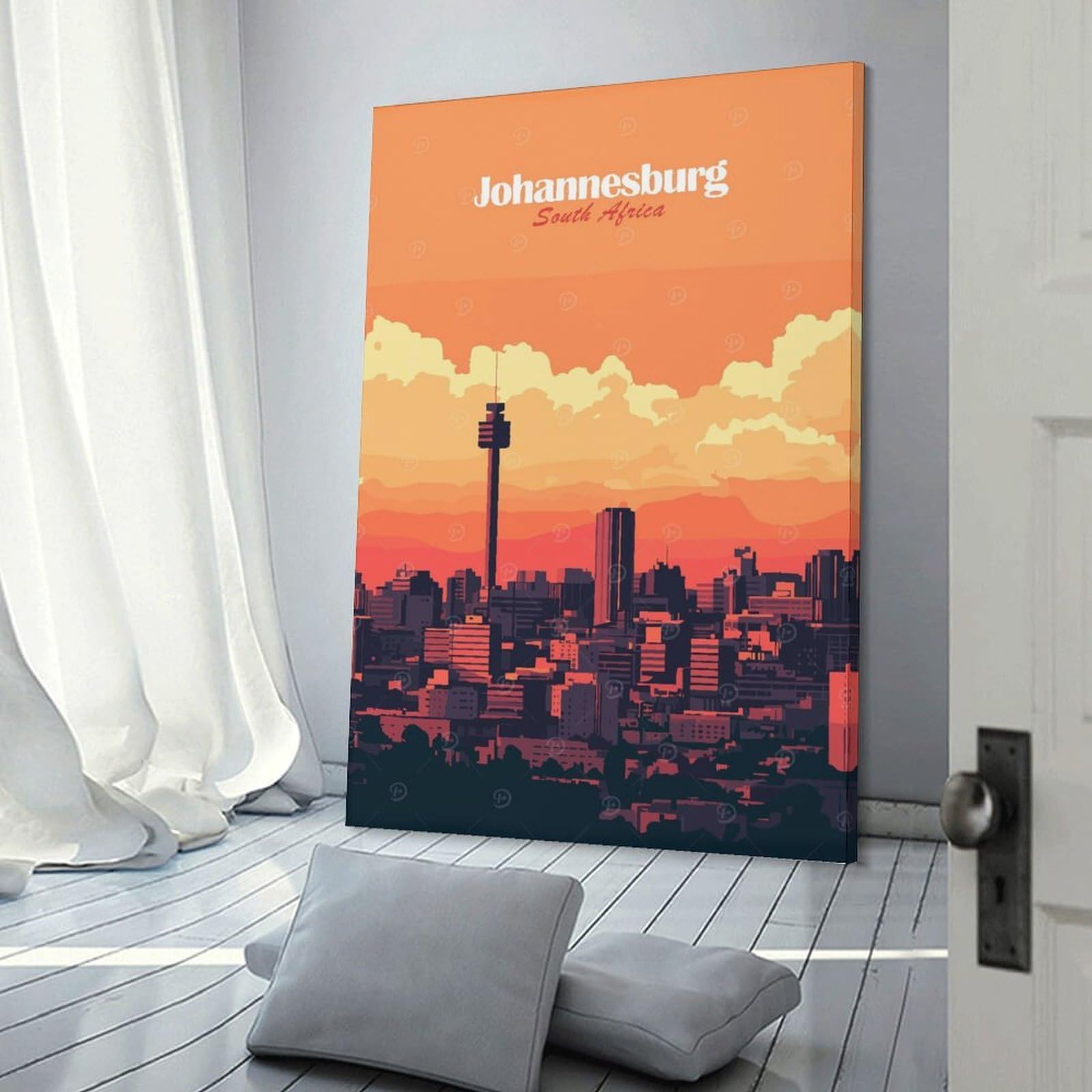 Junmoney Johannesburg Skyline Room Decor Wall Art, 24x36inch(60x90cm), for Bedroom, Guest Room Or Reading Nook, Home Artwork with A Soft Interior Feel