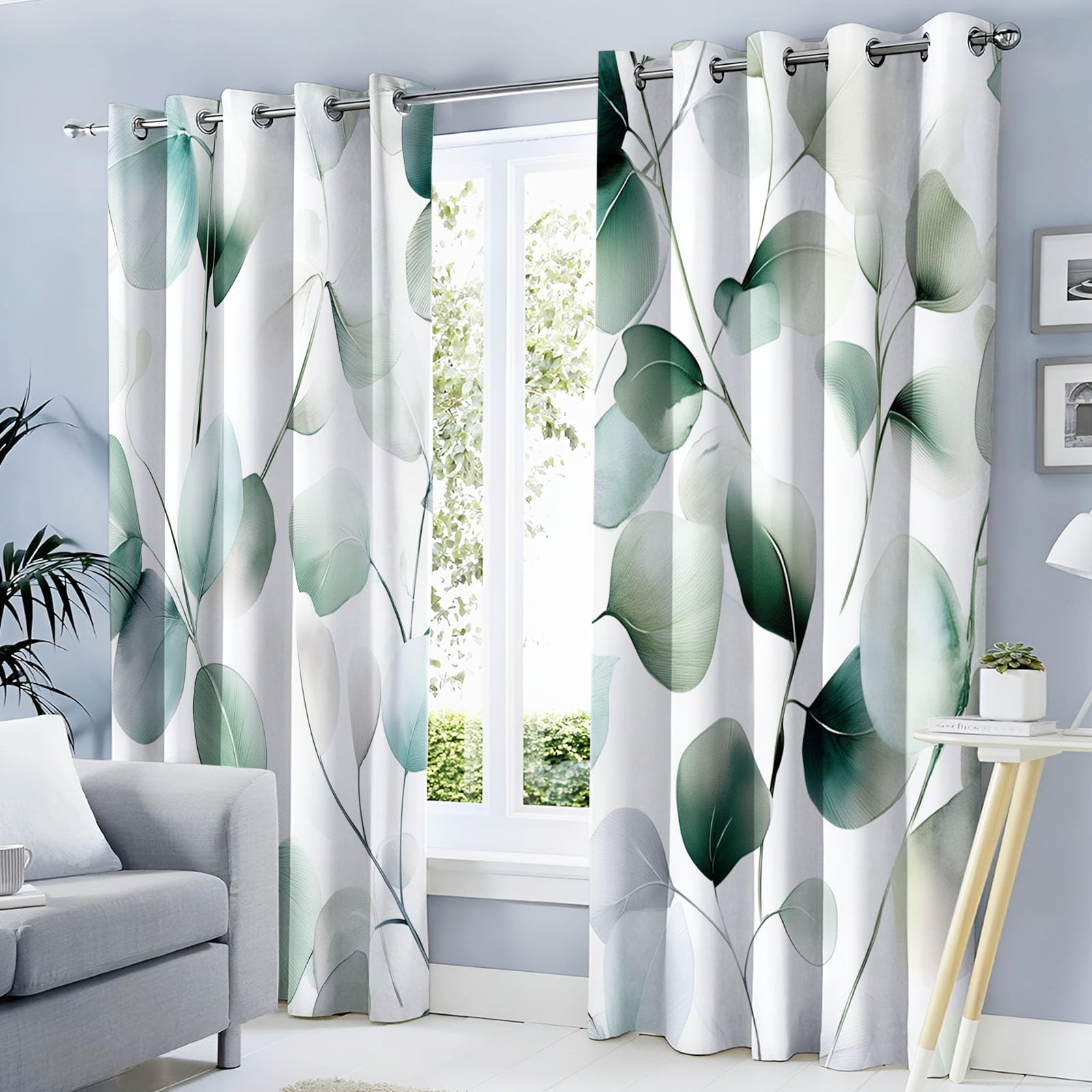 Rideau occultant motif aquarelle feuilles d'eucalyptus rideaux thermiques imprimé vert clair