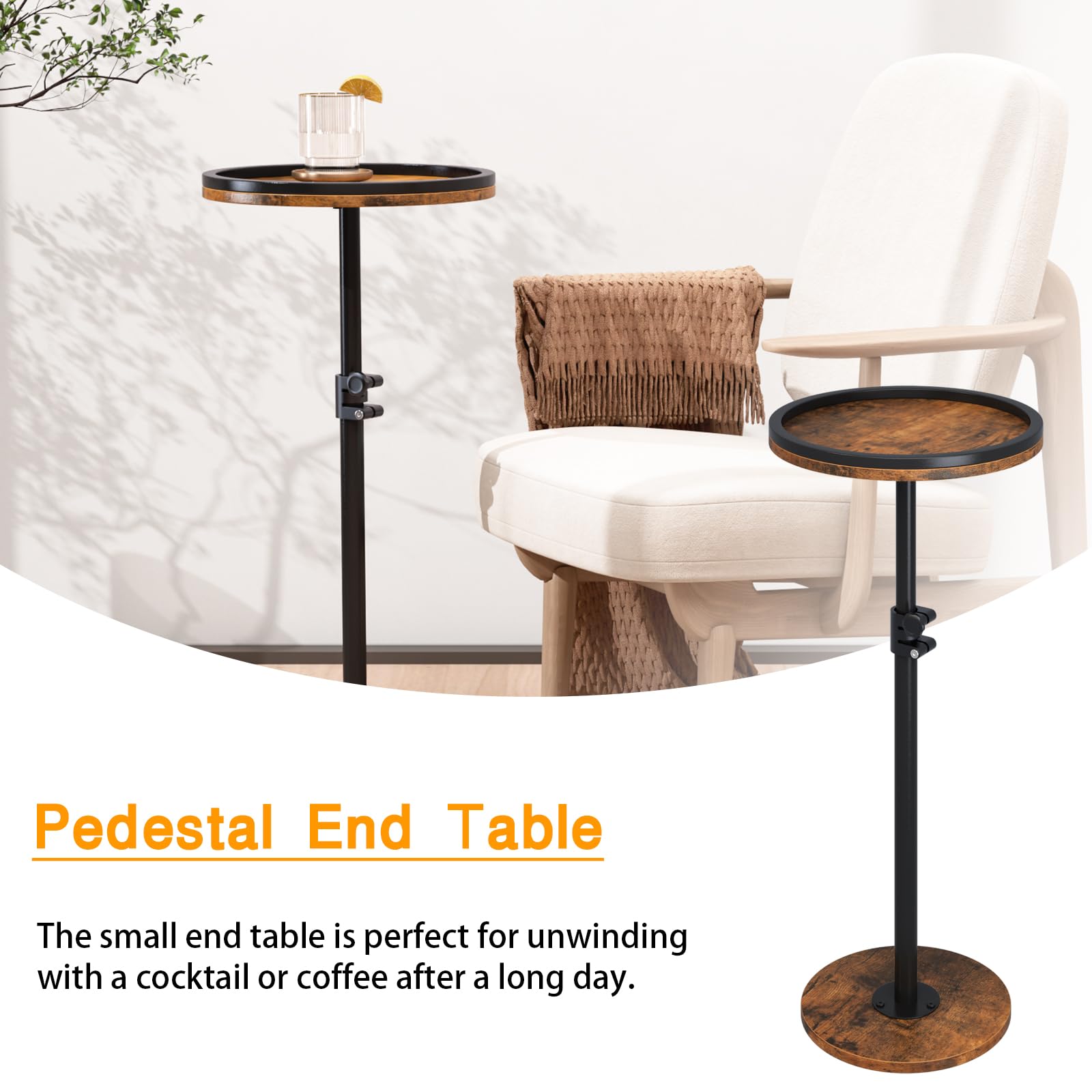 Mesa auxiliar pequeña, mesa de bebidas, mesa auxiliar redonda ajustable en altura, mesa auxiliar de pedestal para espacios pequeños en sala de estar, dormitorio, marrón 7