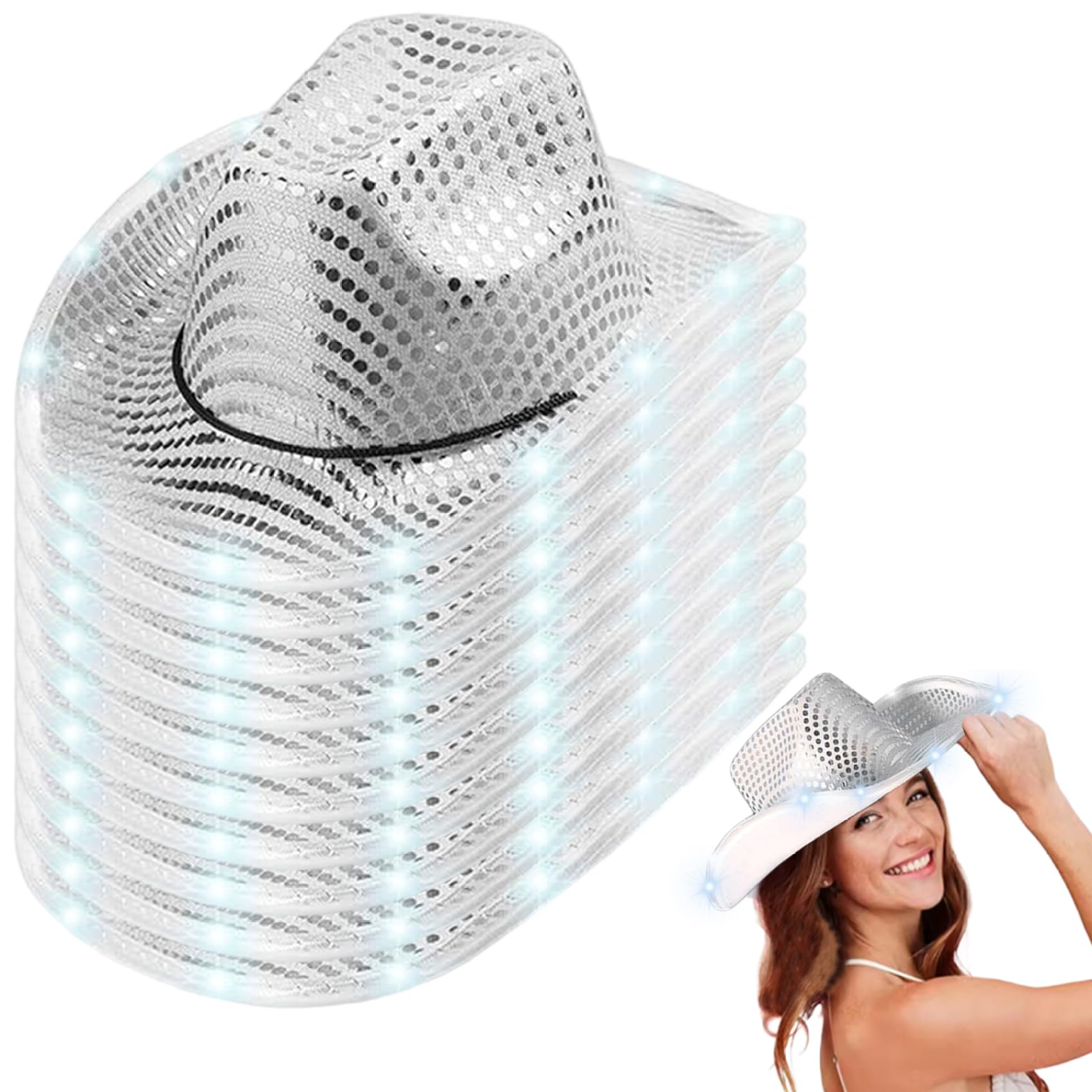 Jorzer Sombrero de vaquero iluminado, 10 piezas LED plateado, sombrero de vaquero con lentejuelas de discoteca, juego de rol de vaquera para fiesta de bodas.