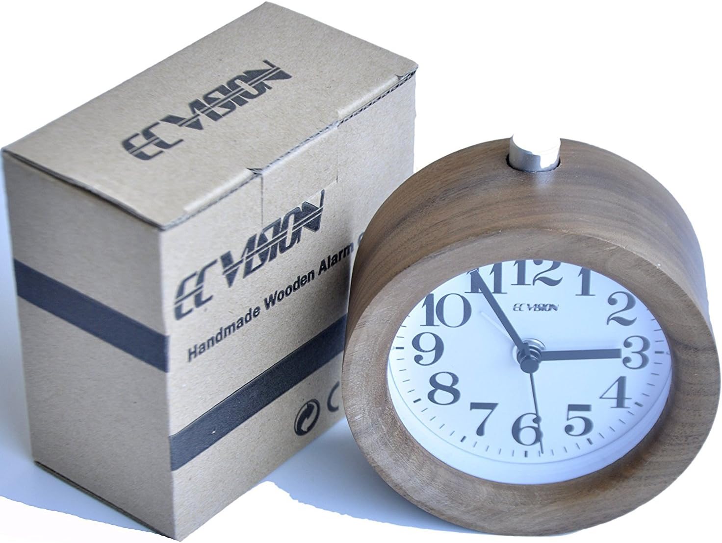ECVISION Handmade Classic Small Round Silent Table Snooze Wood Alarm Clock with nightlight-Black Walnut Wooden Clock