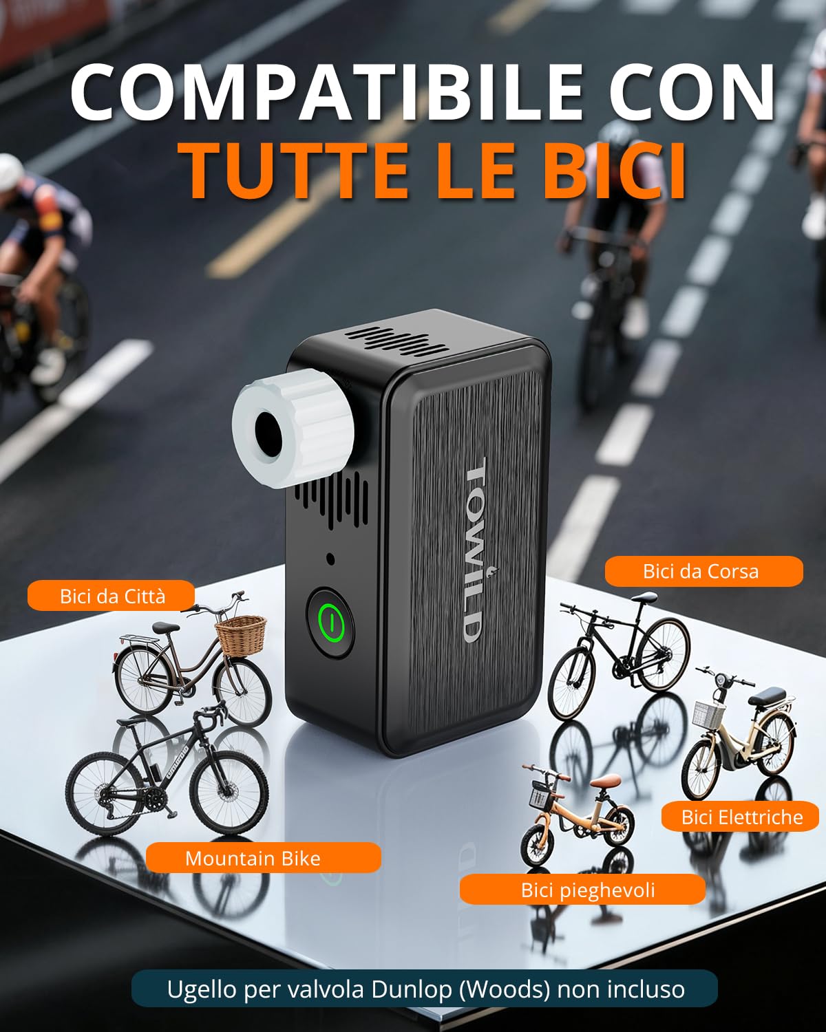TOWILD A05 Pompa Elettrica per Bici, 130PSI Gonfiatore Ultra Compatto Portatile, 145g Leggero, Ricarica Veloce Type-C, Luce LED, Valvole Presta e Schrader per Bici da Strada e MTB