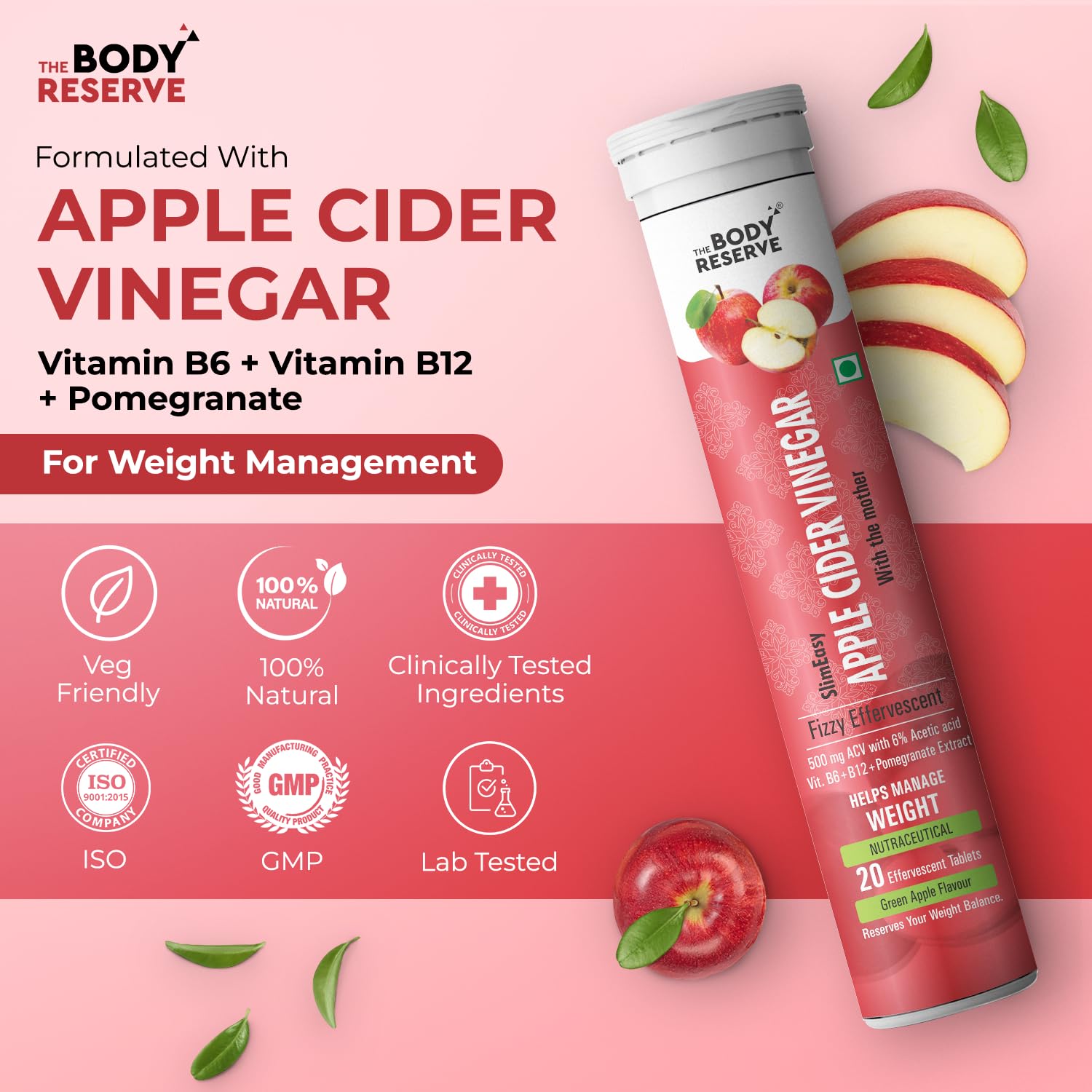 The Body Reserve Apple Cider Vinegar | 60 Effervescent Tablets Pack Of 3 (Green Apple Flavour)