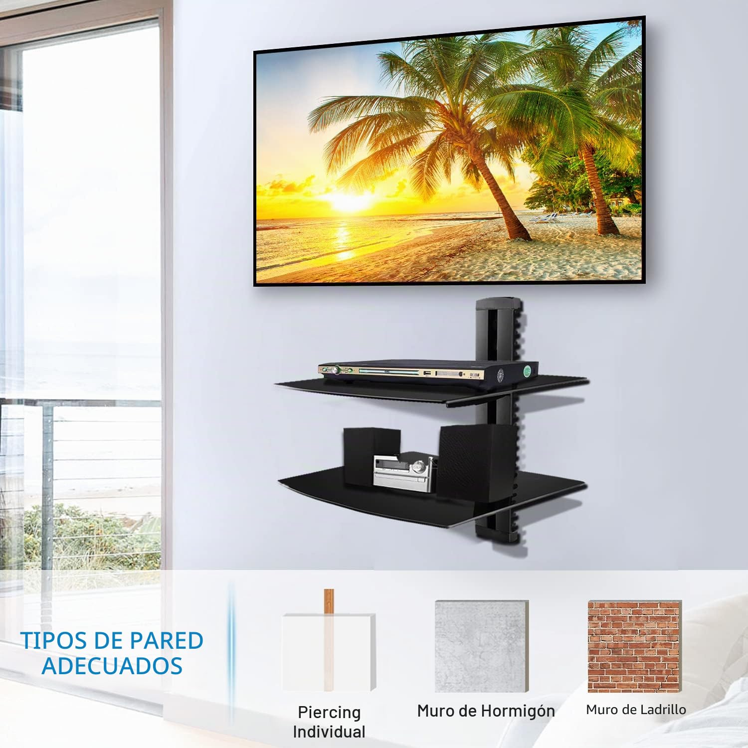 Estante flotante para DVD, soporte de pared de cristal para reproductor de DVD, PS4, cajas de cables, consolas de juegos, Sky Box y TV, soporte de pared negro plano, estante de AV