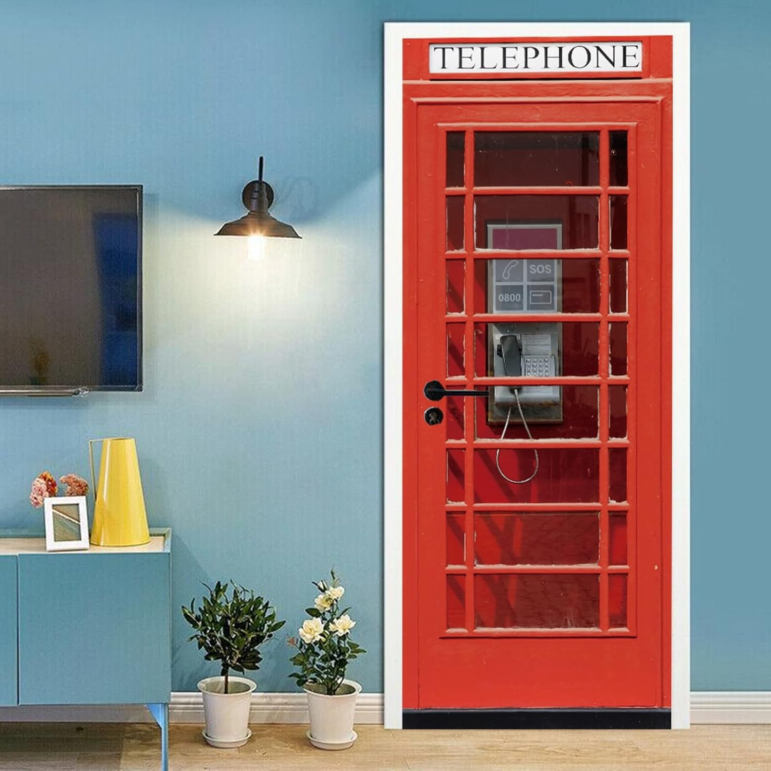 A.Monamour 3D Door Stickers for Interior Doors London Red Telephone Box Telephone Booth Vinyl Removable Self Adhesive Door Poster Wallpaper Mural Decals for Bedroom Office Bathroom
