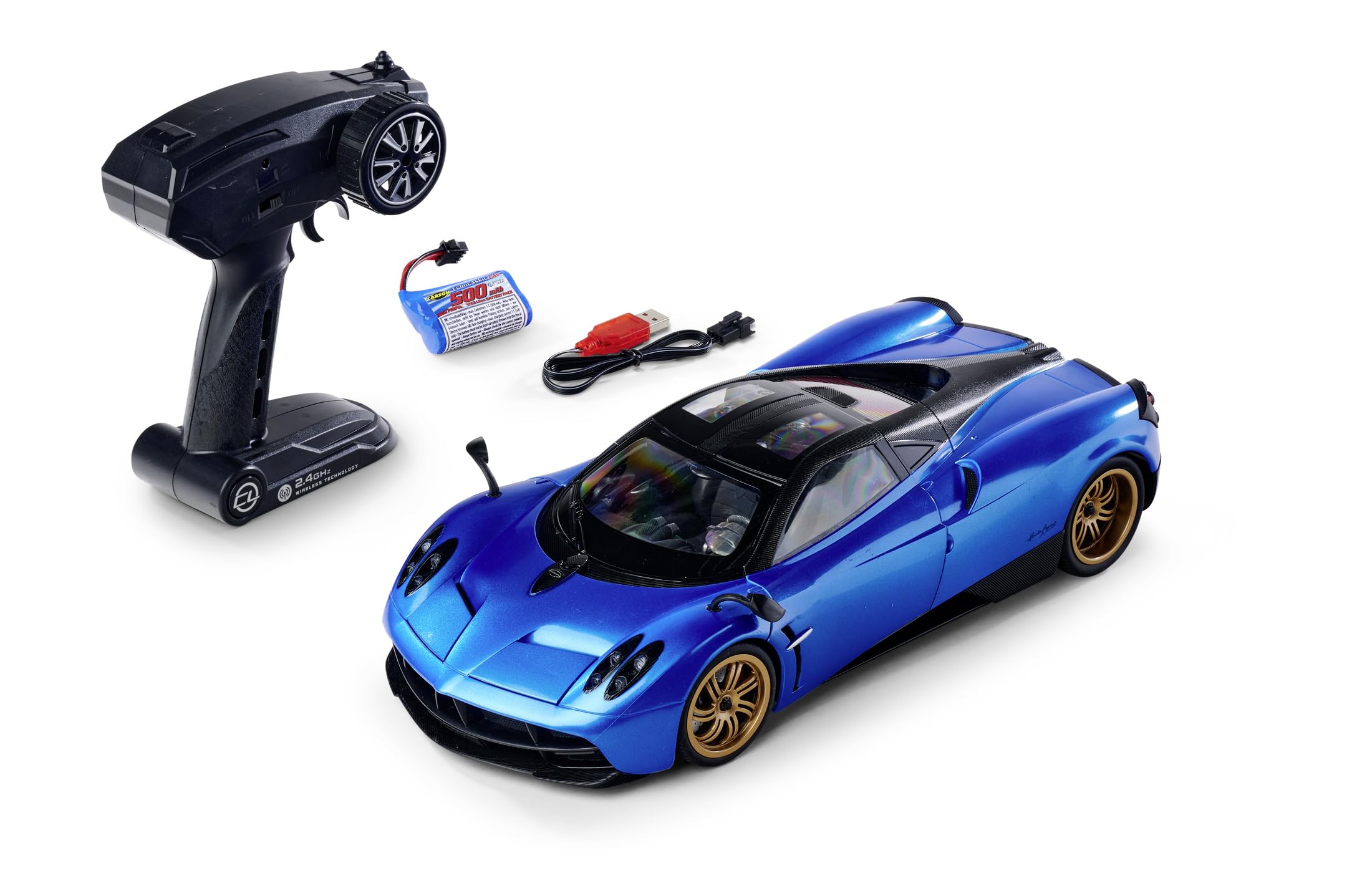 Carson 500404306 1:14 Pagani Huaira 2.4G 100% RTR niebieski - zdalnie sterowany samochód, oświetlenie LED, samochód RC, samochód RC 1:14, zabawka zdalnie sterowana