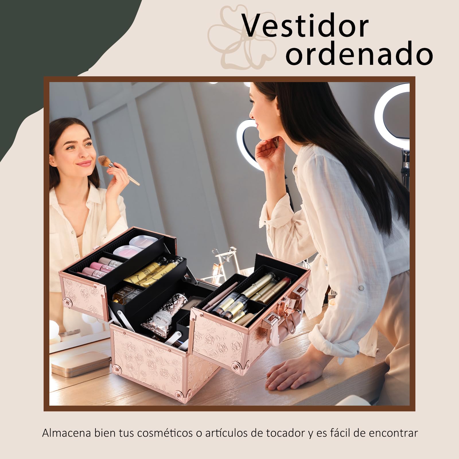 Maletín Maquillaje Cosméticos Estuche Maquillaje y 4 Tarias Maleta de Makeup Case Estuche Organizador Estuche de Uñas Joyero y Manicura Beauty Case de Viaje para Mujer Profesional, Rosa Oro