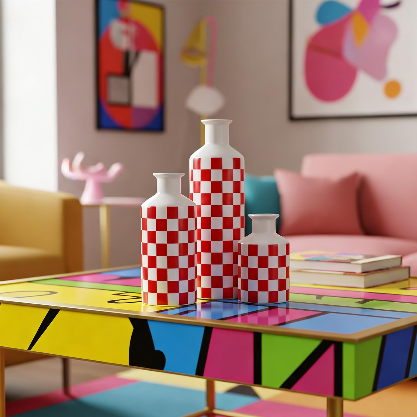 Keramik-Vasen-Set im Schachbrettmuster, 3-teilig, schwarz-weiße Porzellanvasen in verschiedenen Höhen, Moderne, minimalistische Wohndekoration für Wohnzimmer, Regal und Tisch (Rot)