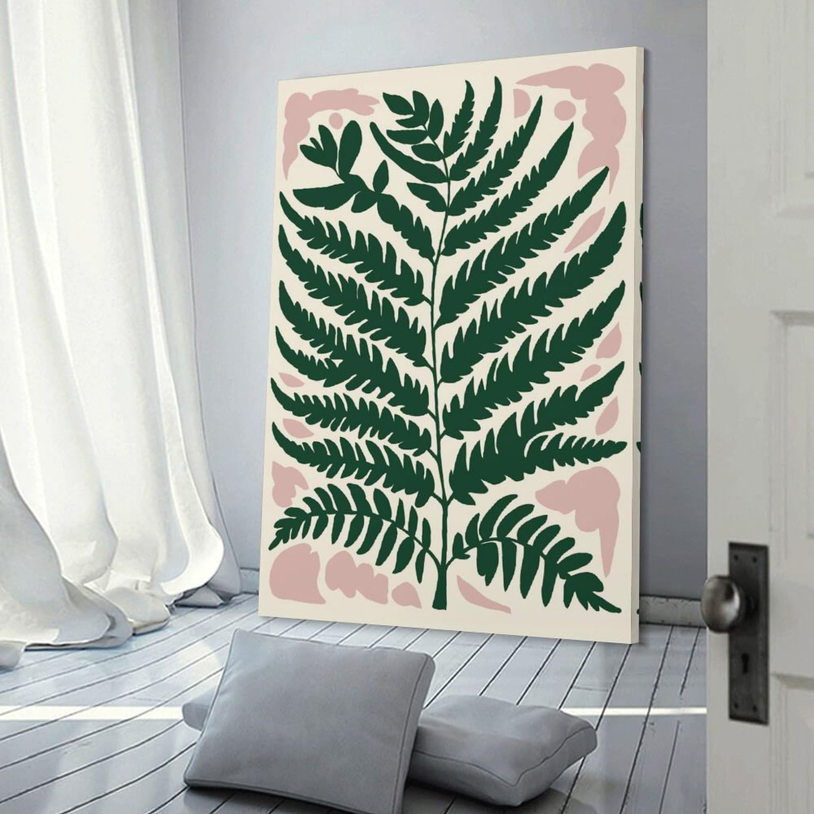 Junmoney Fern Botanical Illustration with Pink Accents Canvas Art Print, 16x24inch(40x60cm), for Home Walls, Creative Rooms Or Shared Spaces, Decorative Artwork with Broad Appeal