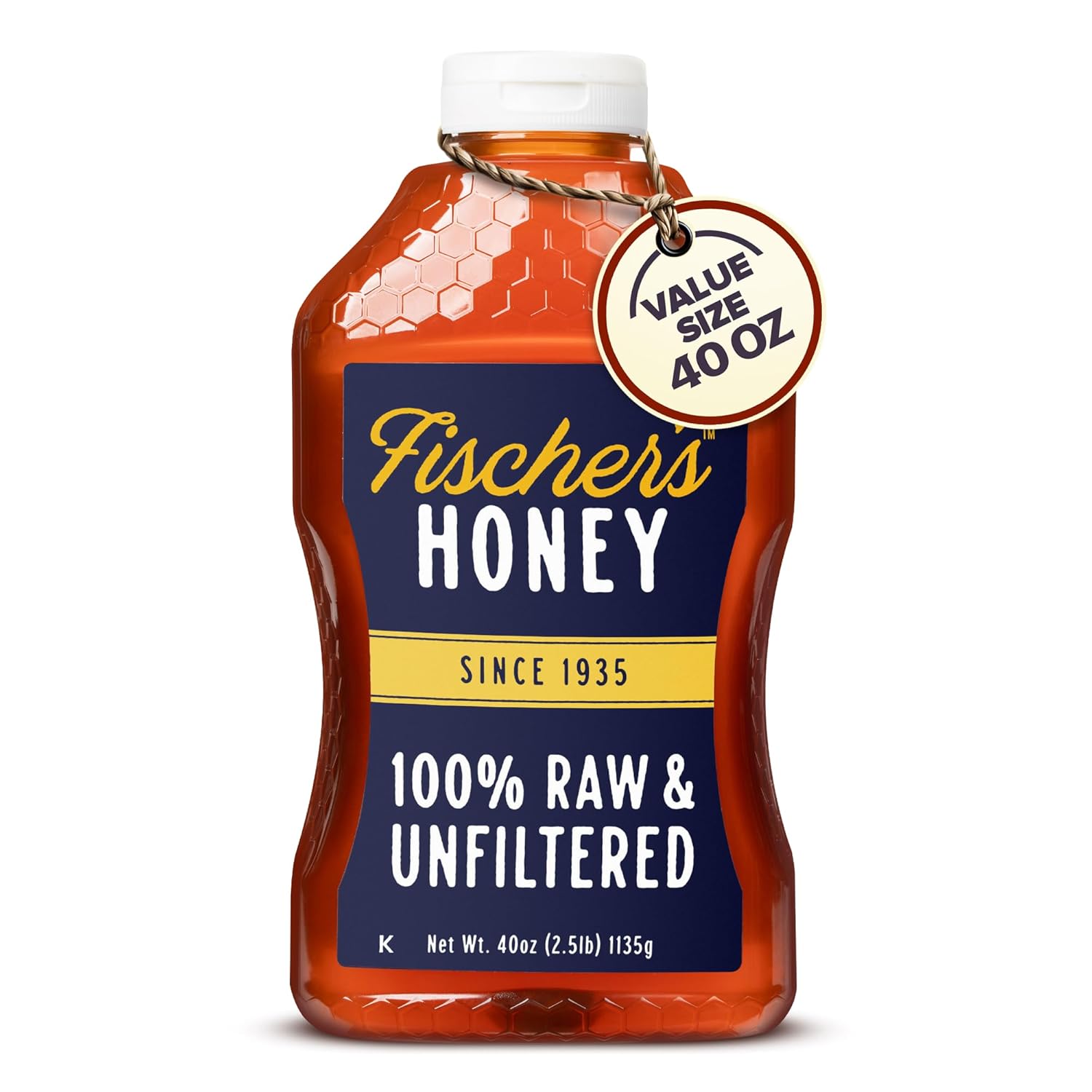 Fischer's 100% Pure, Raw &amp; Unfiltered Honey, 40 oz – All-Natural Sweetener – Rich Flavor Profile, Packed with Nutrients