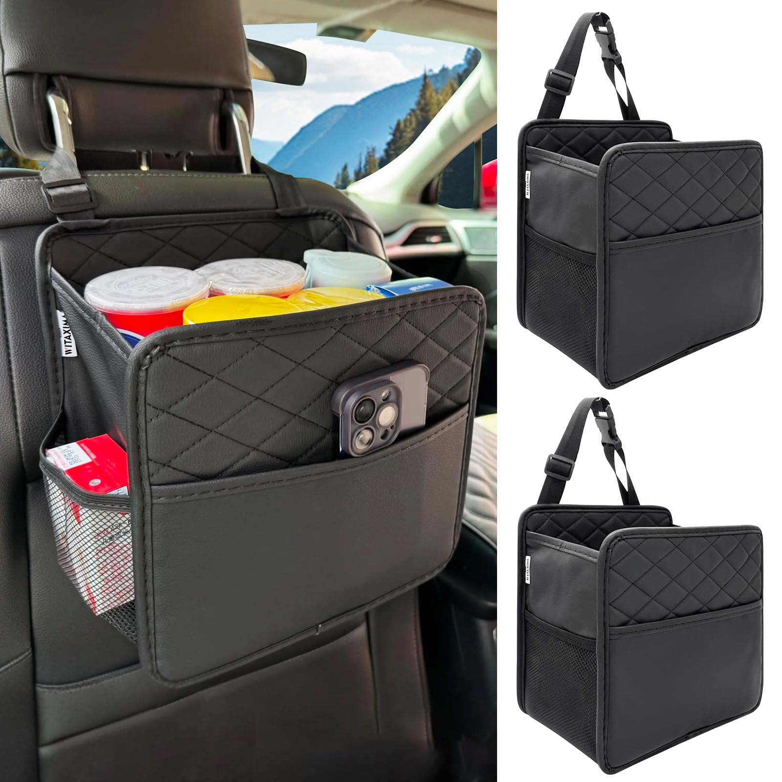 2 Pack Upgraded Car Seat Organizer Backseat with Storage Pockets, Multipurpose Car Organizer Hanging Car Trash Bag Premium PU Leather Garbage Can 2.14 Gallon Large Capacity Accessories Black