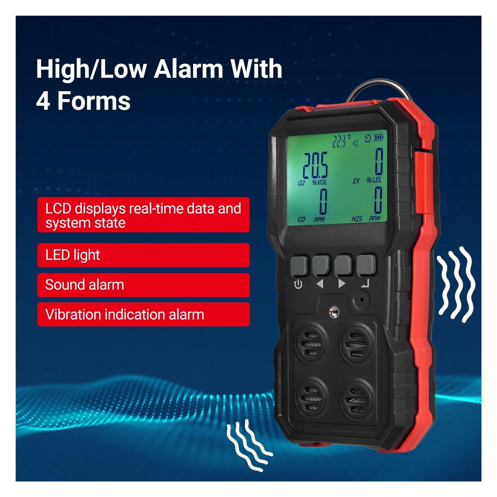 Monitor pomiaru gazów 4 w 1 Monitor gazu LEL/O2/H2S/CO Wyświetlacz LCD Dźwięk Światło Wibracja Alarm Rejestracja danych Precyzyjne czujniki do szybkiego wykrywania