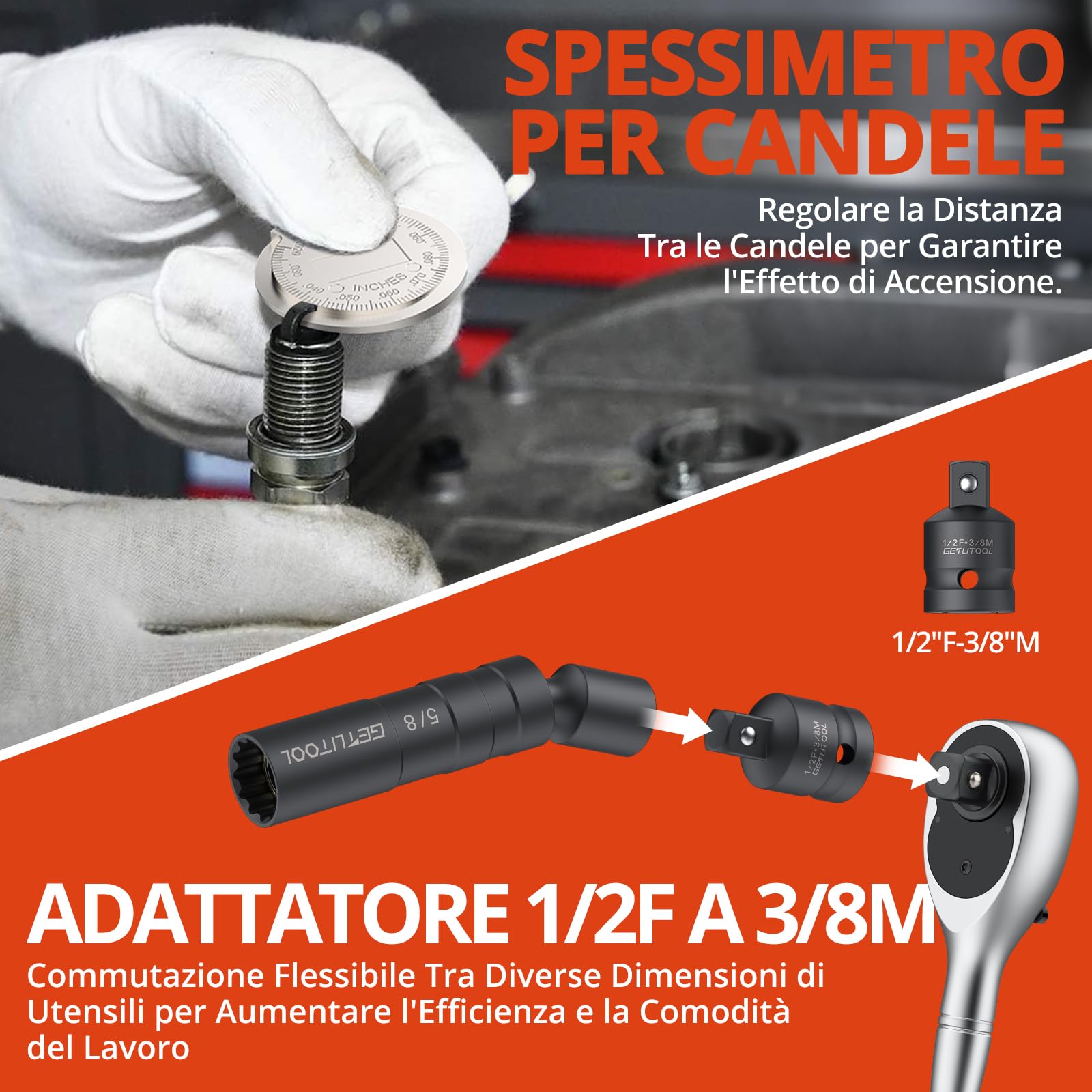 GETLITOOL Set 6pz Chiavi Candele 14/16 mm con Adattatore 1/2" a 3/8" e Spessimetro, 6X Bussole Lunghe per Candelette Auto 10/15/28 cm Chiave Magnetica Girevole 360° in CVR con Valigetta