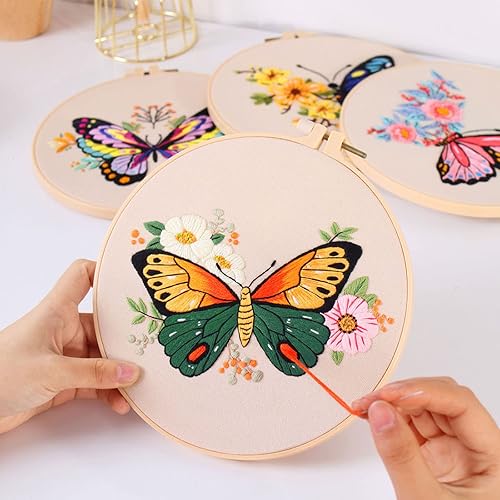 Miniatura 2 de ojindiy Kit de bordado para principiantes, 4 juegos de punto de cruz para adultos, mariposa, kits de inicio de punto de aguja con patrones de