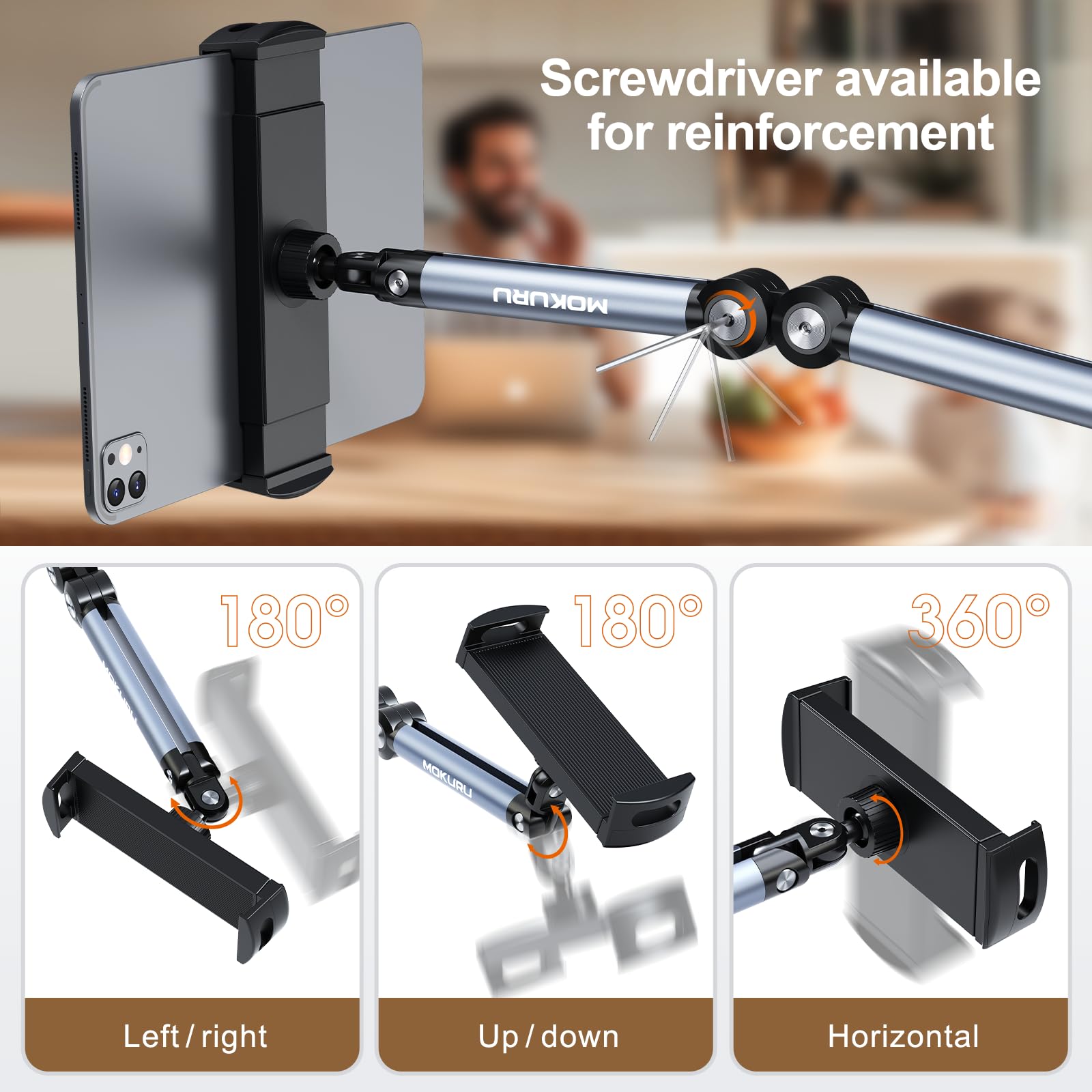 MOKURU Tablet-Bodenständer, verstellbarer Tablet-Ständer, 360° drehbarer Tablet-Halter, kompatibel mit iPad, iPhone, Samsung, Google, Kindle Tablet/Telefon, (11,4 cm - 32,9 cm)