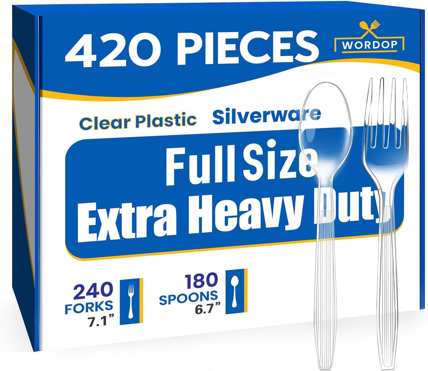 Extra Heavy Duty Plastic Silverware Set – Heat Resistant & BPA Free Disposable Silverware Cutlery Include Forks, Spoons Premium Plastic Utensils for Parties & Events (Clear, 240 Forks-180 Spoons)