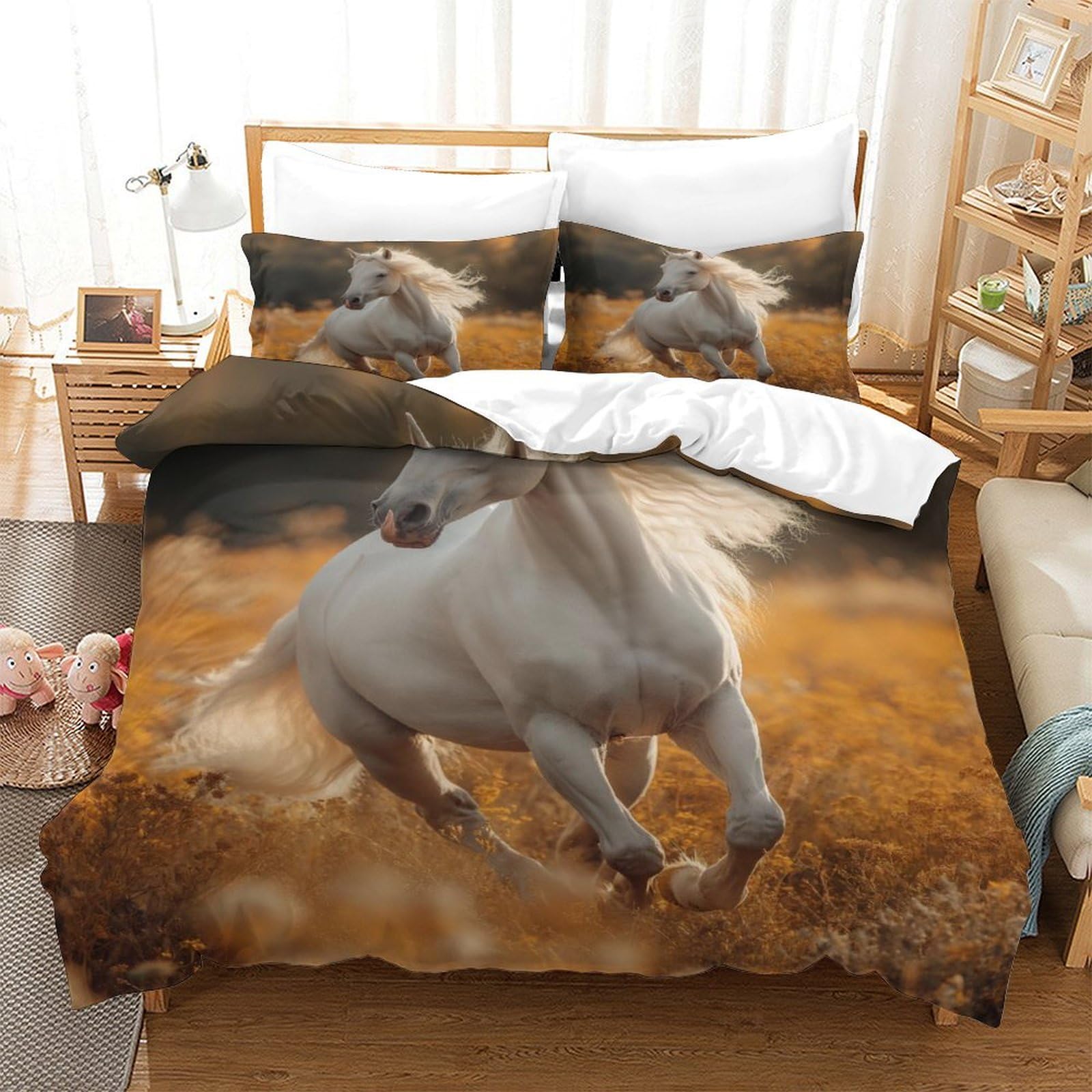P1S9U7W5Y 3D Printed Running Horse Duvet Cover Set 3pcs Microfiber Animal Bedding Set Single（140x200cm）