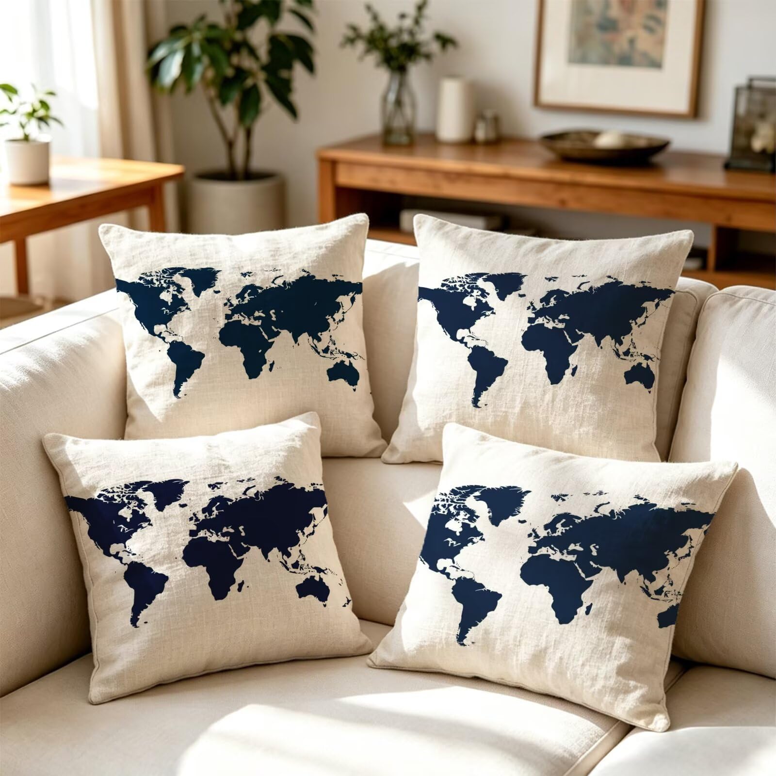 Lot de 4 Housse Coussin Bleu 60x60 Lin Coussin Exterieur Impermeable GJ-3