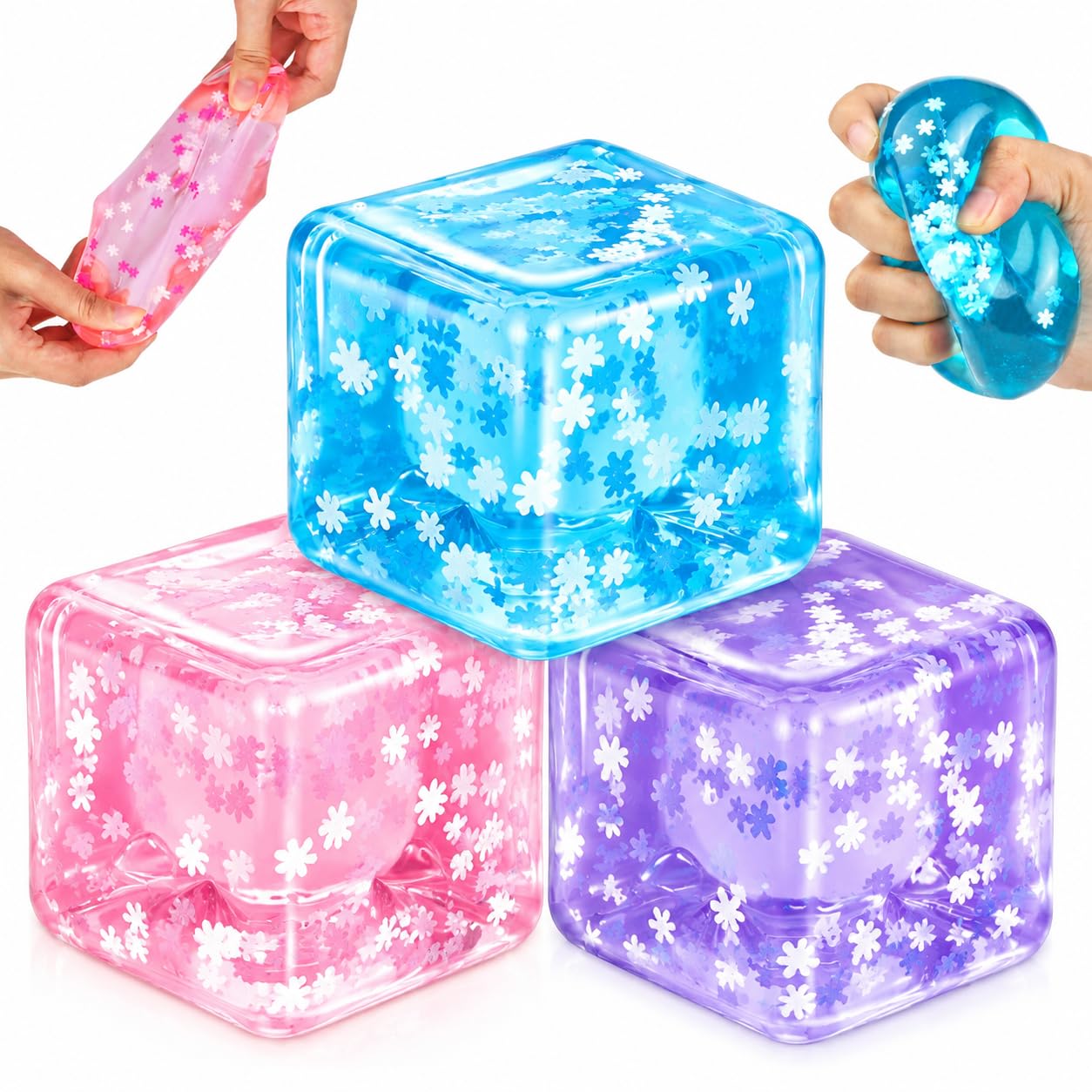 3PCS Soft Cube Squeeze Toy, Squishy Cube Slow Rising Fidget Toy, Snowflake Cube Sensory Toy, Soft Malt Sugar Material Squeeze Cube for Classroom, Office Desk& Party Favors