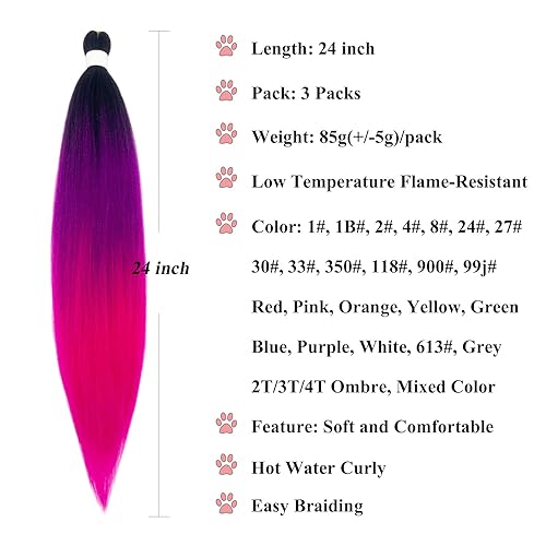 Miniatura 2 de Ai Yuchen Cabello para Trenzar Pre-Estirado Negro Púrpura Rosa Ombré Cabello para Trenzar Pre-Estirado Preestirado 24 pulgadas paquete de 3 Niños