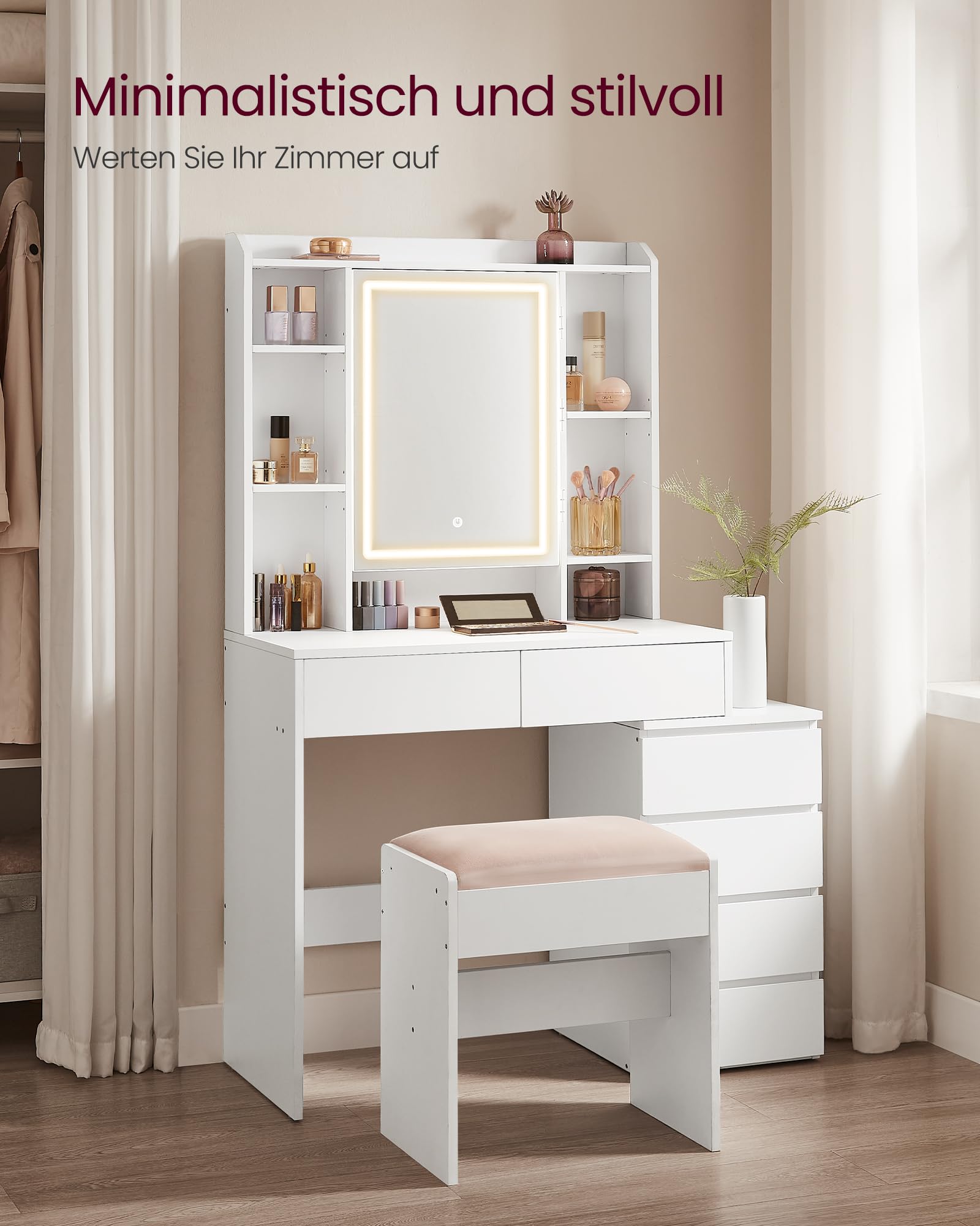 VASAGLE Kailyn Kollektion - Schminktisch mit LED-Beleuchtung, 3 einstellbare Lichtfarben, Frisiertisch mit Spiegel, Schubladen, offene Fächer, mit Hocker, verstellbare Ablagen, wolkenweiß RDT125W01