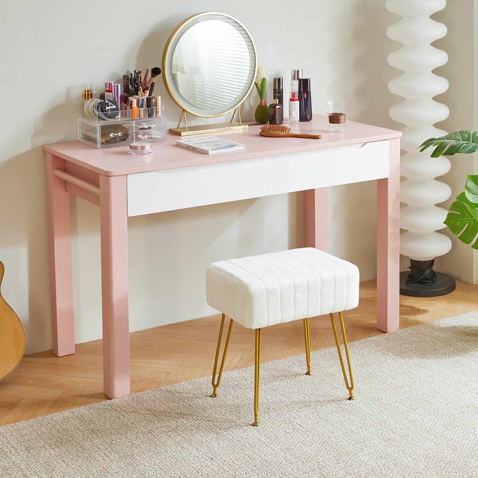 IBUYKE Velvet Rechteckiger Fußstützenstuhl Ottoman, Make-up Eitelkeits Hocker Beistelltisch, Samt Schminktisch Sitz, Pouf Couch Hocker, Goldene Stahlbeine, weiß L/G-51W