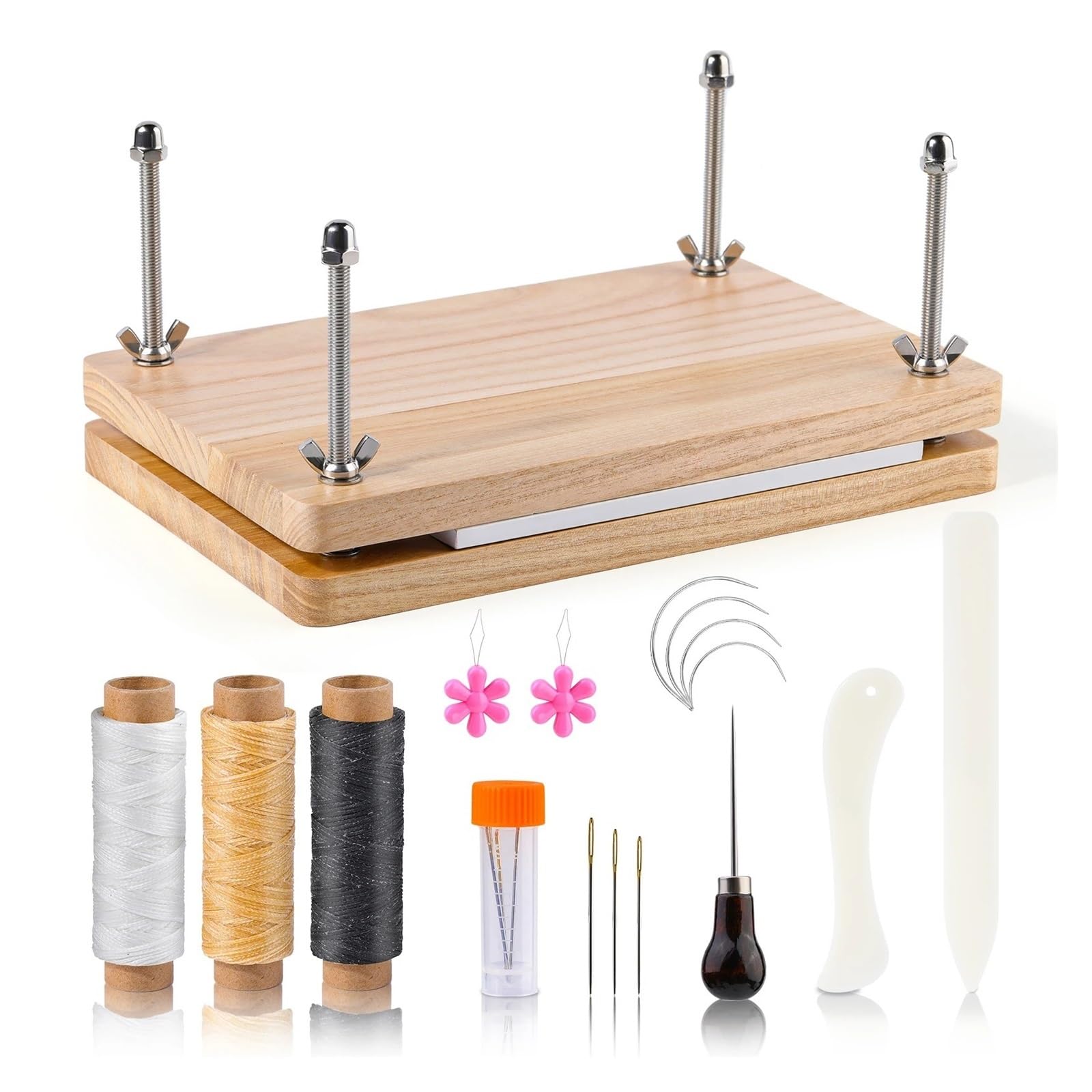 SUBLXPoten Flower Pressing Kit Bookbinding Plastic Bone Folder Creaser Waxed Thread Tools Set with Portable Binding Press Machine of Paulownia Wood(Type 1)