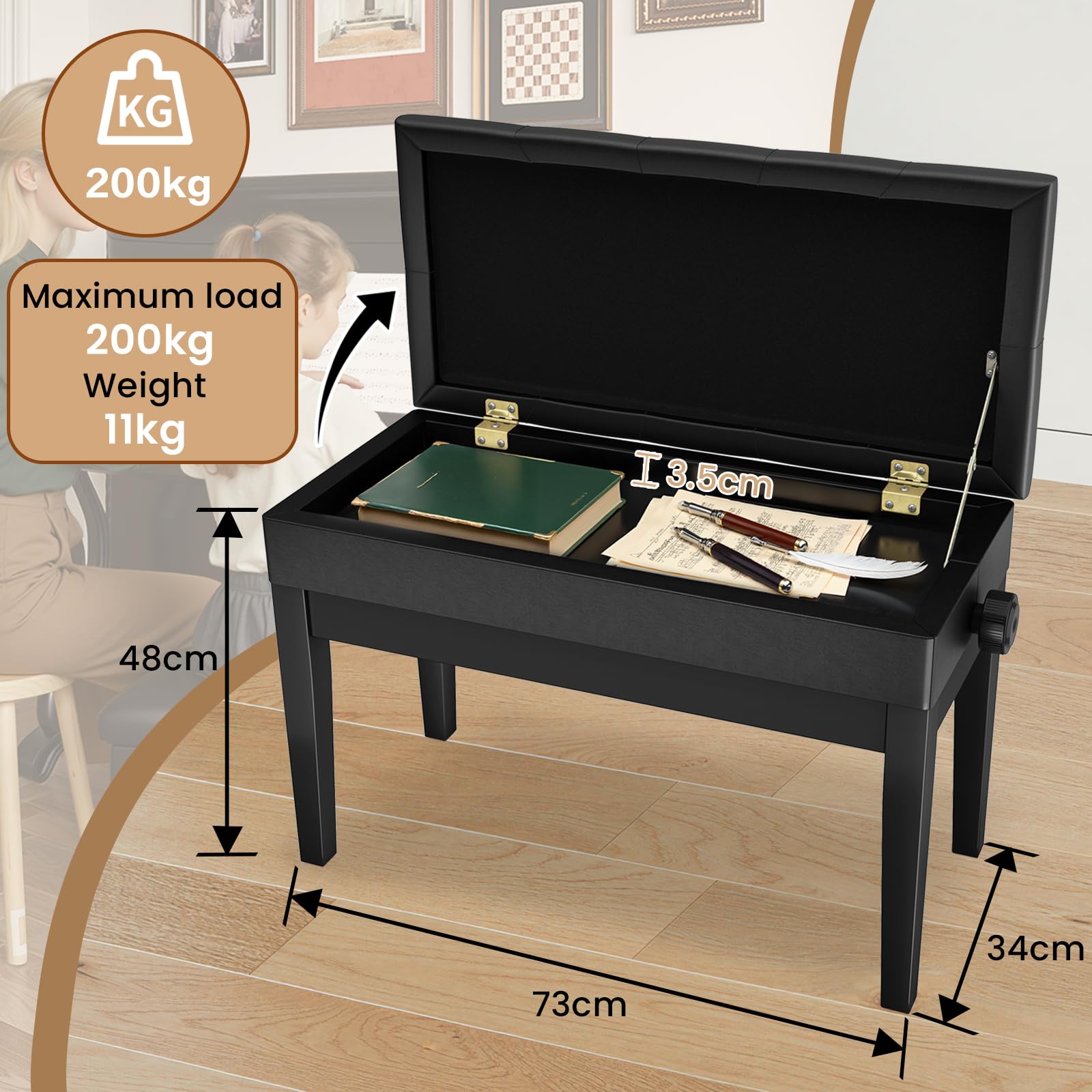 Clevich Banquette Piano Double Réglable en Hauteur, Banc de Piano avec Espace de Rangement et Coussin en Cuir PU, Charge maximale : 200 kg, Noir
