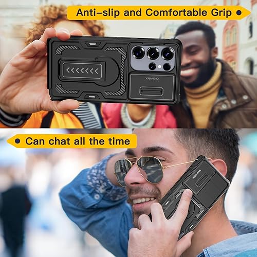 Miniatura 7 de Funda para Samsung Galaxy S25 Ultra con 2*Protectores de Pantalla, Cubierta Deslizante para Cámara, Soporte, Correa con Cordón, Grado Militar Negro