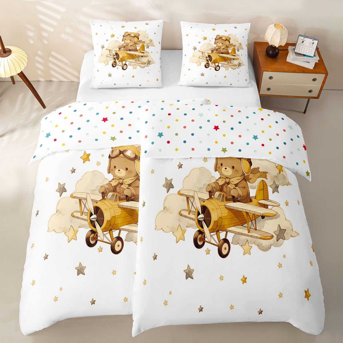 Homewish Cartoon Propellerflugzeug Bettwäsche Set 135x200 4teilig