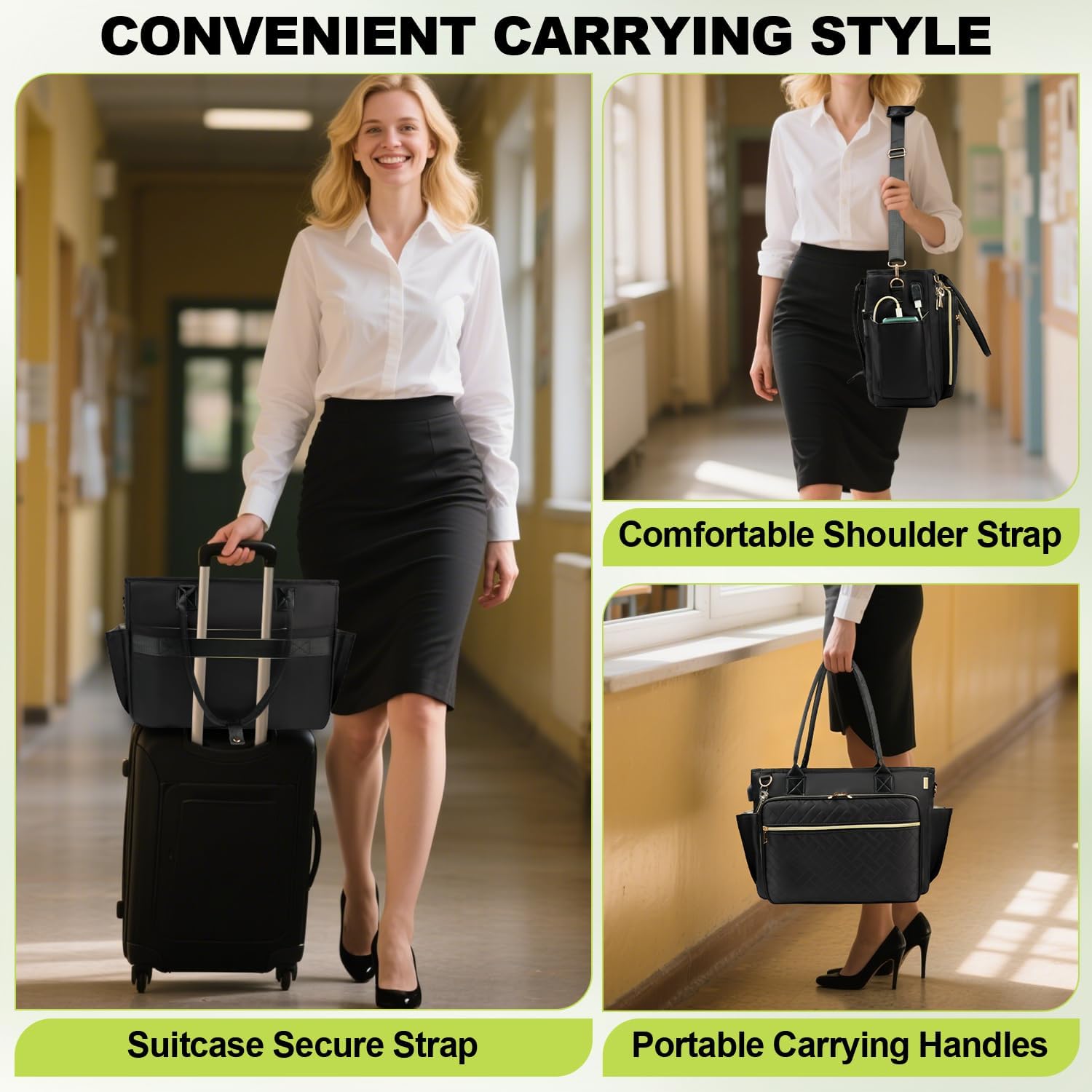 Teacher Tote Bag with Accordion File Folder Pocket& USB Charging Port, Large Utility Work Tote Bag with 15.6 Inch Laptop Compartment& Insulated Pocket for Women School Teacher Nurse (Black) - Image 2