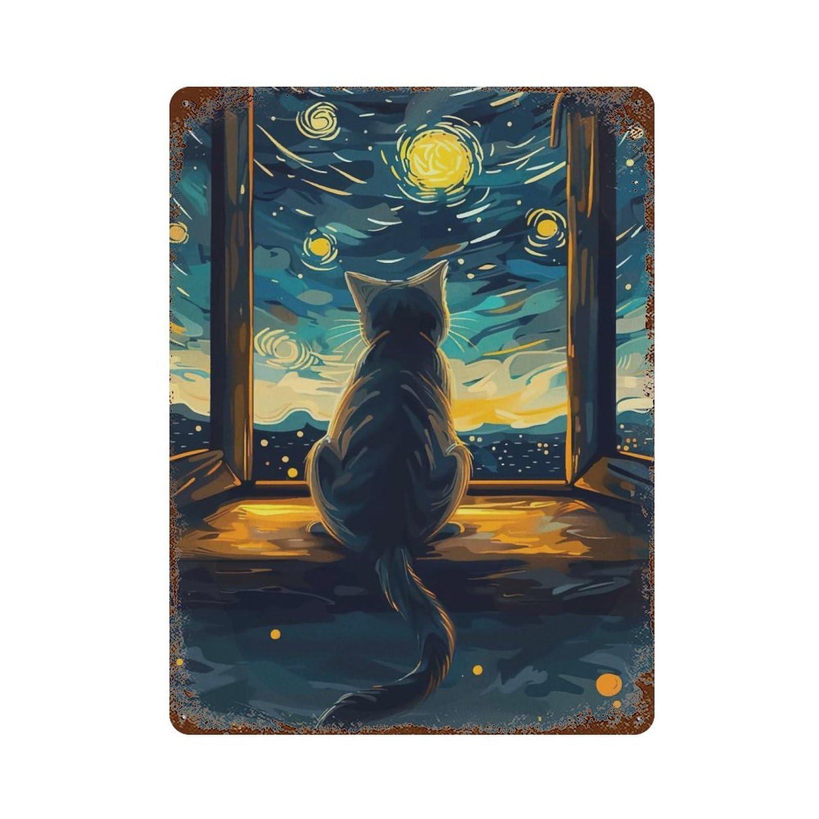 Garage Style Cat Gazing at Starry Night Vintage Rust Metal Sign 15.7"x11.8", Rustic Home Decor for Bar And Workshop