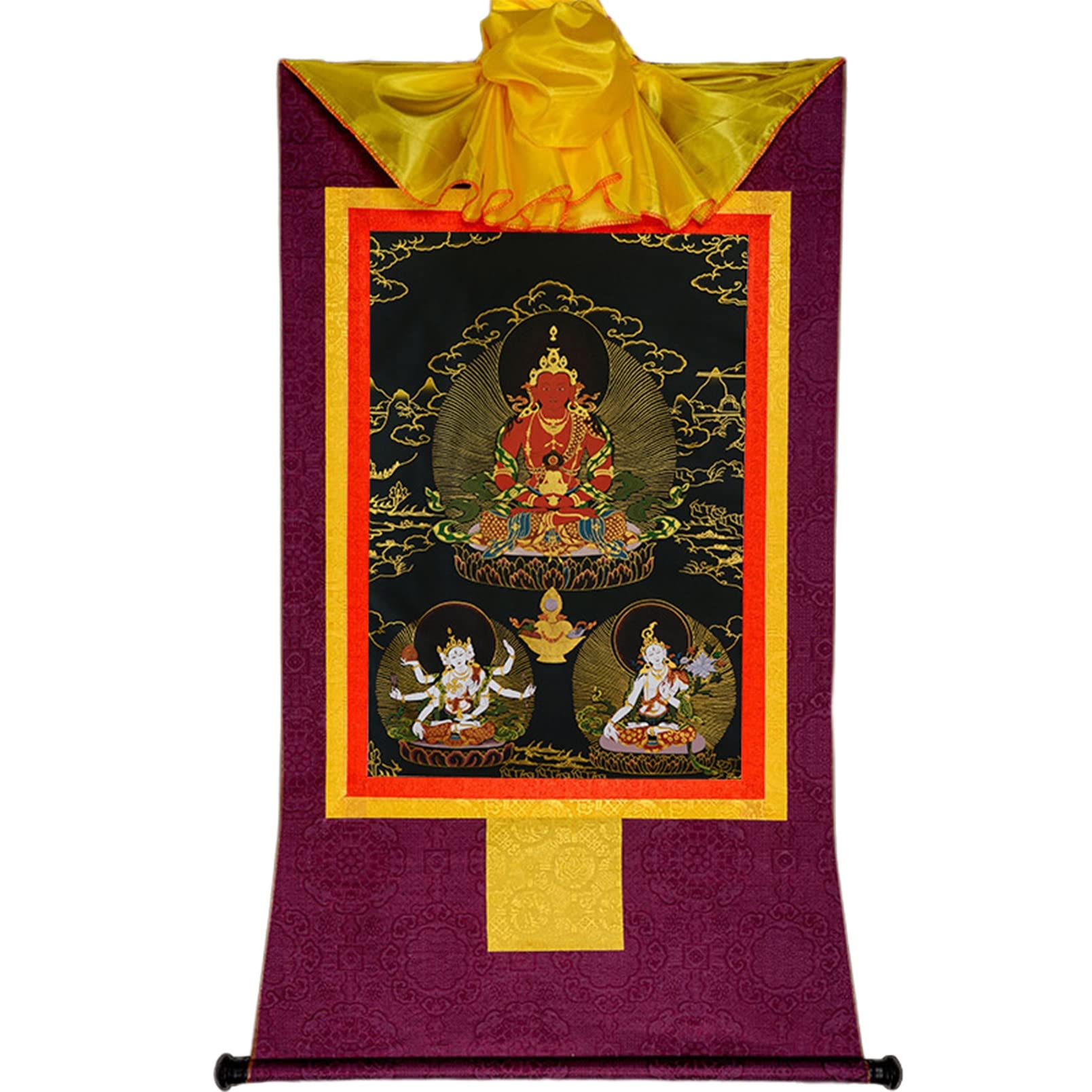 Thangka Buddista Tibetano Arte murale in Broccato di Seta Thangka Tara Chenrezig Fatta a Mano, Multicolore, 13,8 e 24 Pollici(Medium)