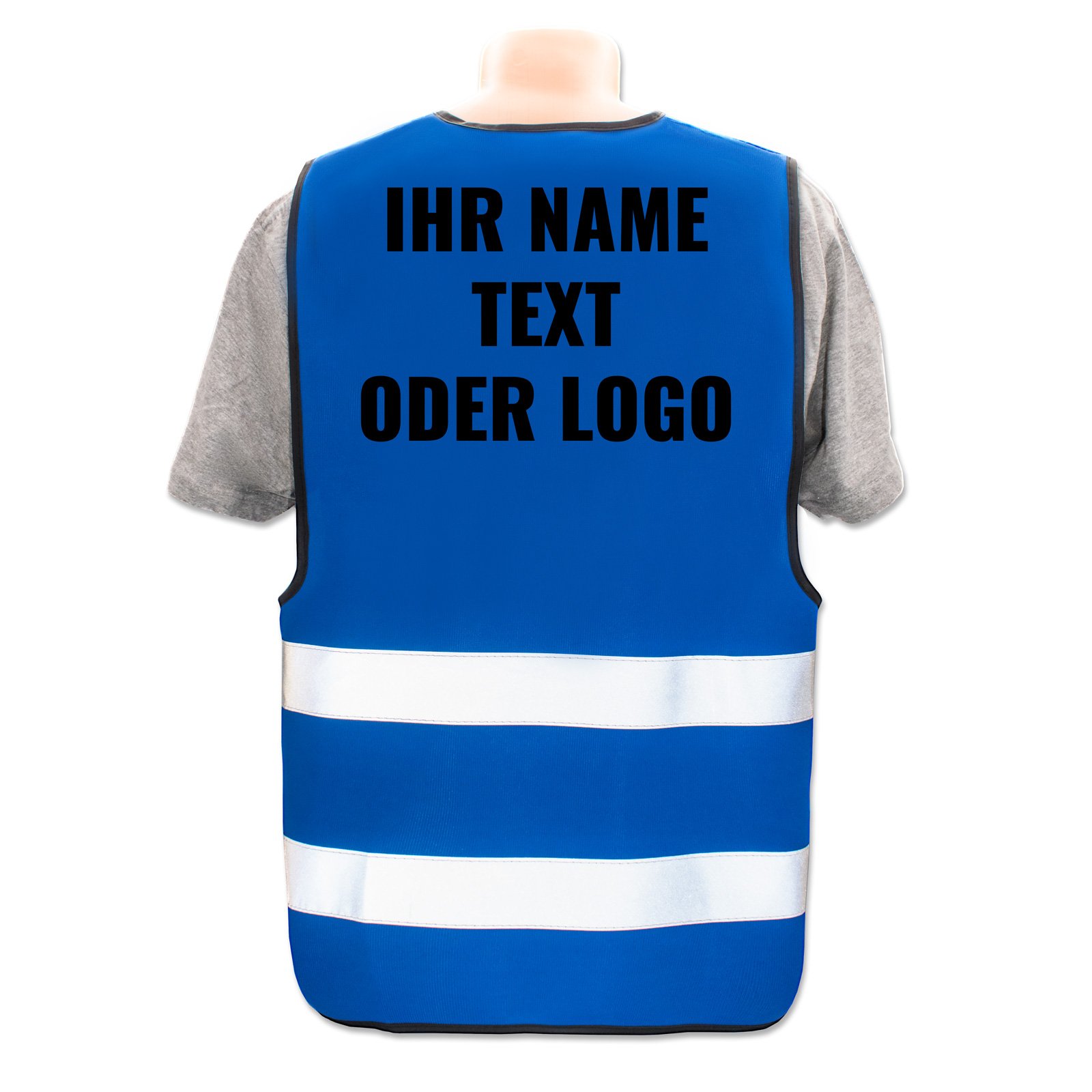 Persönliche Warnweste selbst gestalten mit eigenem Aufdruck * Bedruckt mit Name Text Bild Logo Firma * Anzahl: 20 Warnwesten * Farbe/Druck: Blau/Rücken + rechte Brust