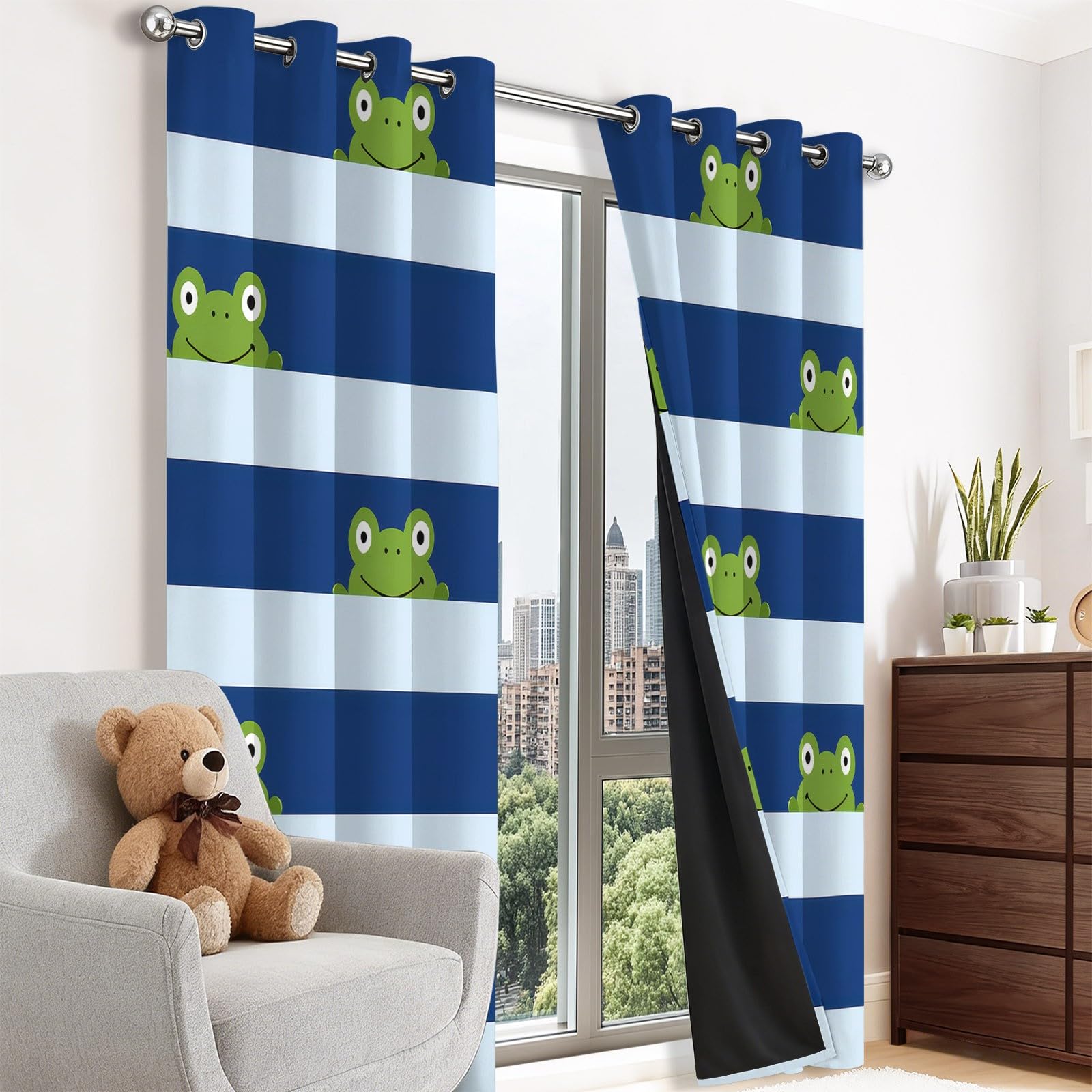 Verdunklungsvorhänge Bunt Mode Streifen Cartoon Tier Frosch Vorhänge Blickdicht 2er Set B75 x H166 cm, Hitzeschutz Blickschutz Thermovorhang mit Ösen für Wohnzimmer Schlafzimmer Kinderzimmer