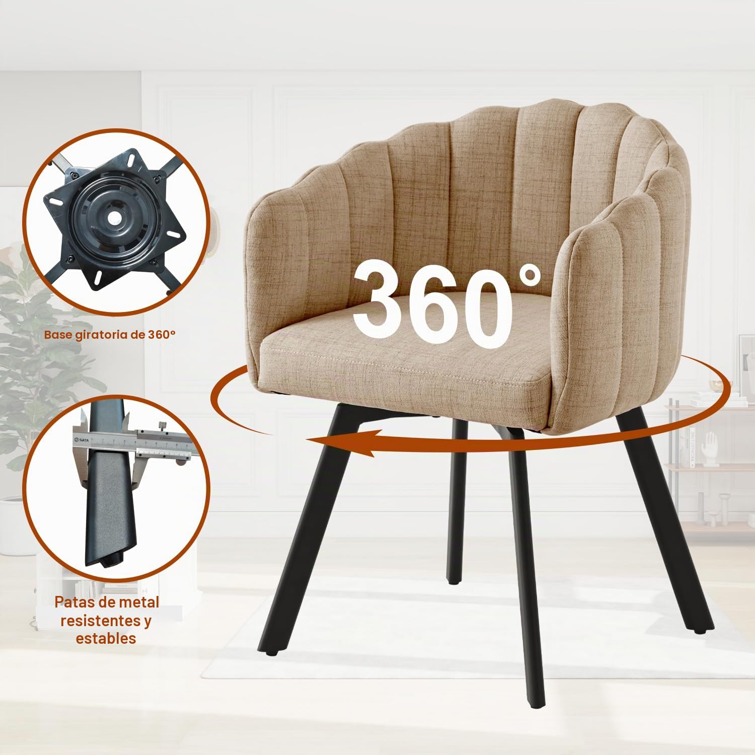 Sillas de comedor giratorias, juego de 2 sillas giratorias de comedor con reposabrazos, sillas tapizadas de tela de lino, sillas giratorias con patas de metal, sillas de cocina, sillones de