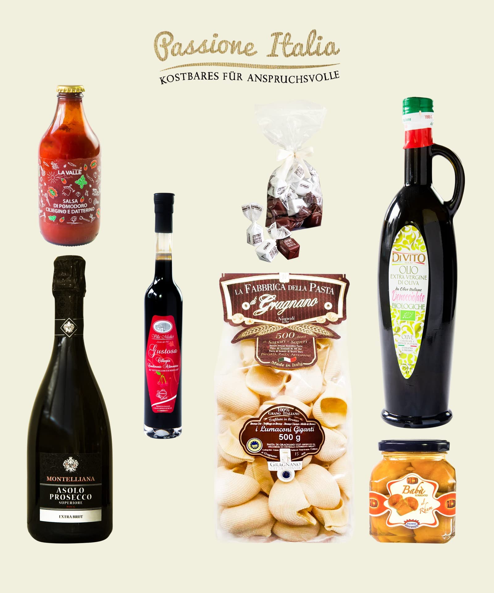 Feinkost Geschenkkorb IL MEGLIO D'ITALIA mit ausgesuchten italienischen Spezialitäten Prosecco/Olivenöl/Pasta/Dessert