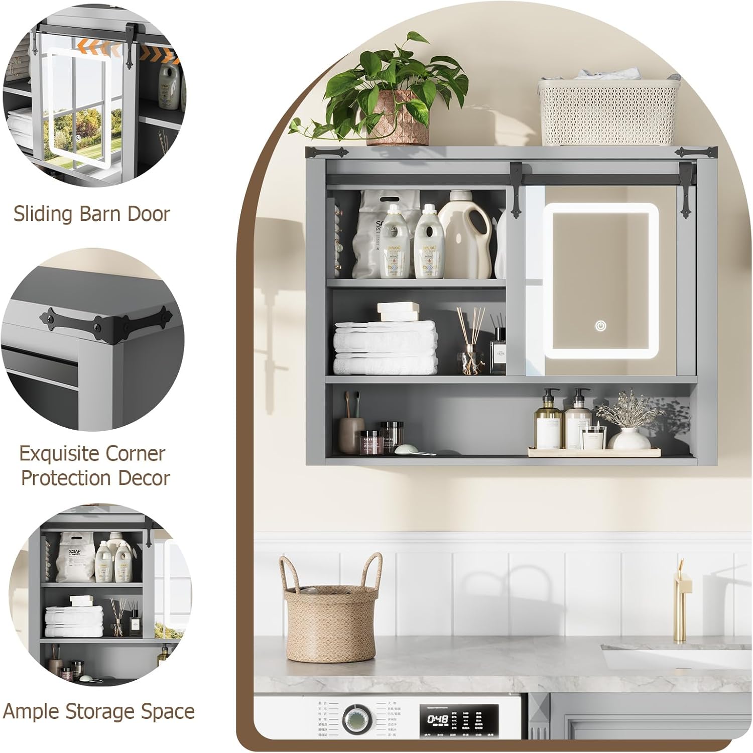 QUW 31" Farmhouse Bathroom Wall Cabinet, Bathroom Medicine Cabinets with Mirror, Over Toilet Wall Storage Cabinet, 3 Lighting Modes, Adjustable Brightness, Jewelry Holder, Sliding Door, Grey