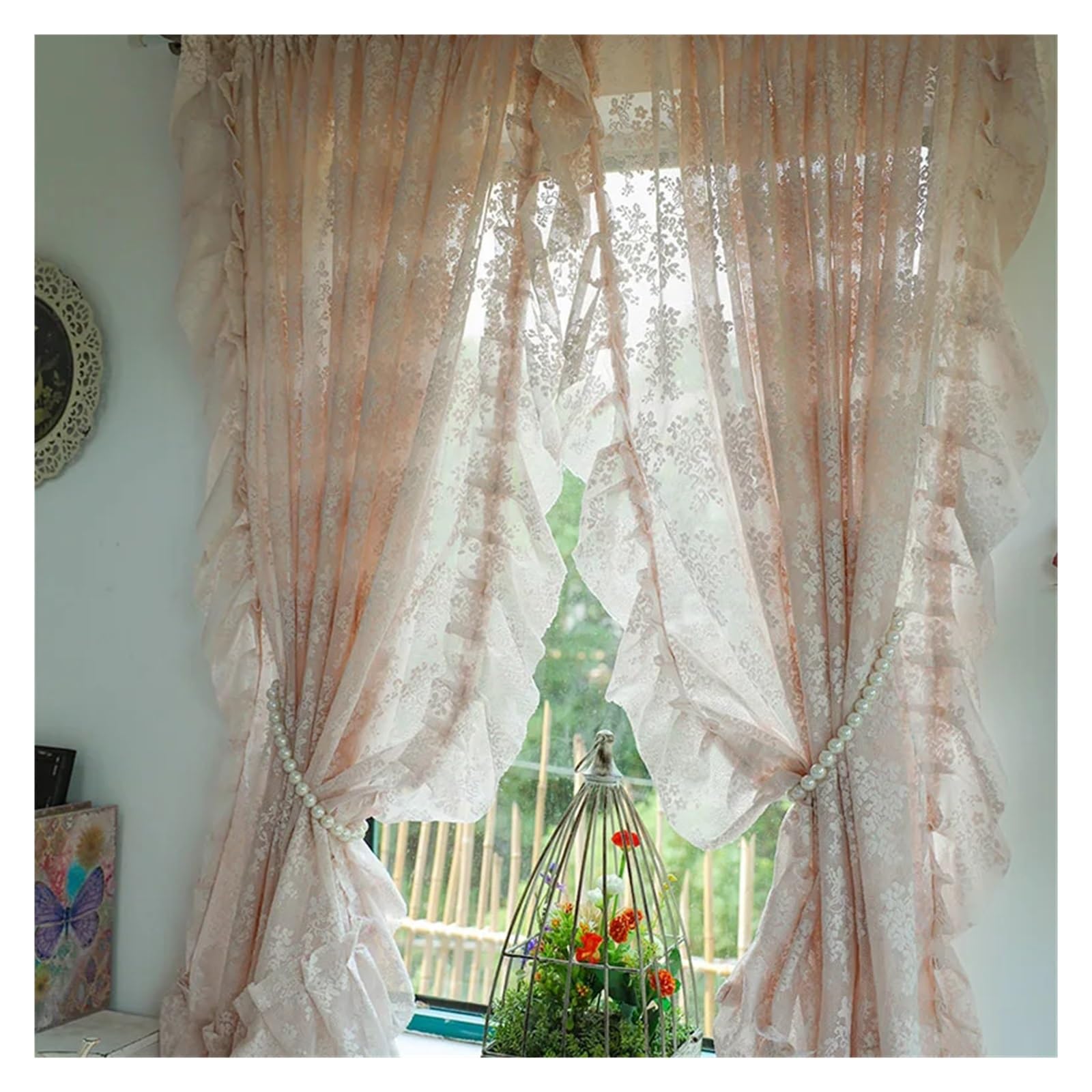 Rideau à volants en dentelle française style princesse blanc pour cuisine W150xH150cm